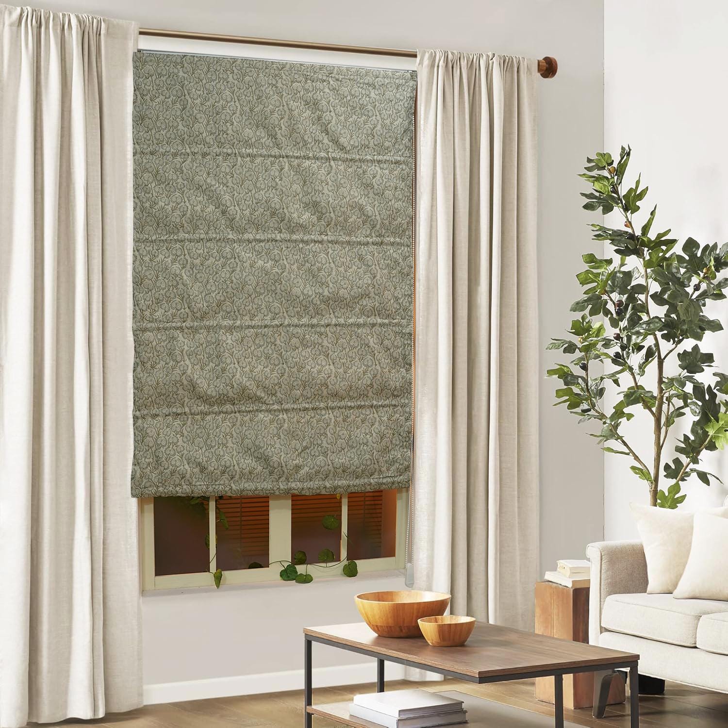 Gray Floral Block Printed Roman Shades in Pure Linen Custom Window Valance – HEART VINE