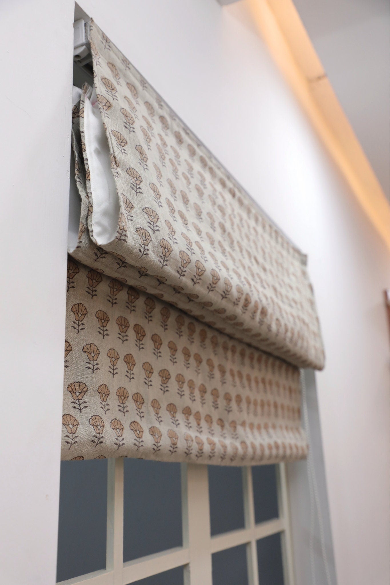 Hand Block Printed Boho Brown Floral Roman Shade in Pure Linen for Rustic & Modern Living Spaces - KOHINOOR