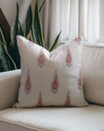 Block Printed Floral Desingner Pure Linen Throw Pillow Cover - Traci - Red and White