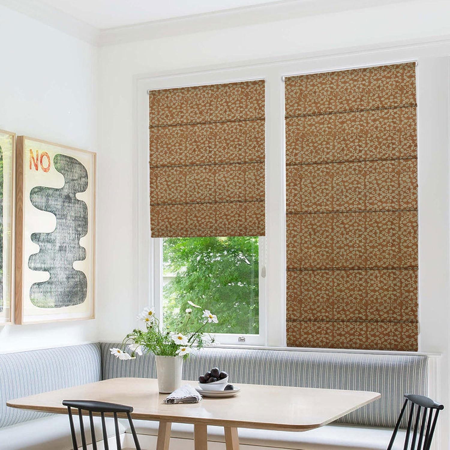 Indian Block Printed Roman Shade Brown Floral in Thick Linen For Farmhouse - OLA VRISHTI