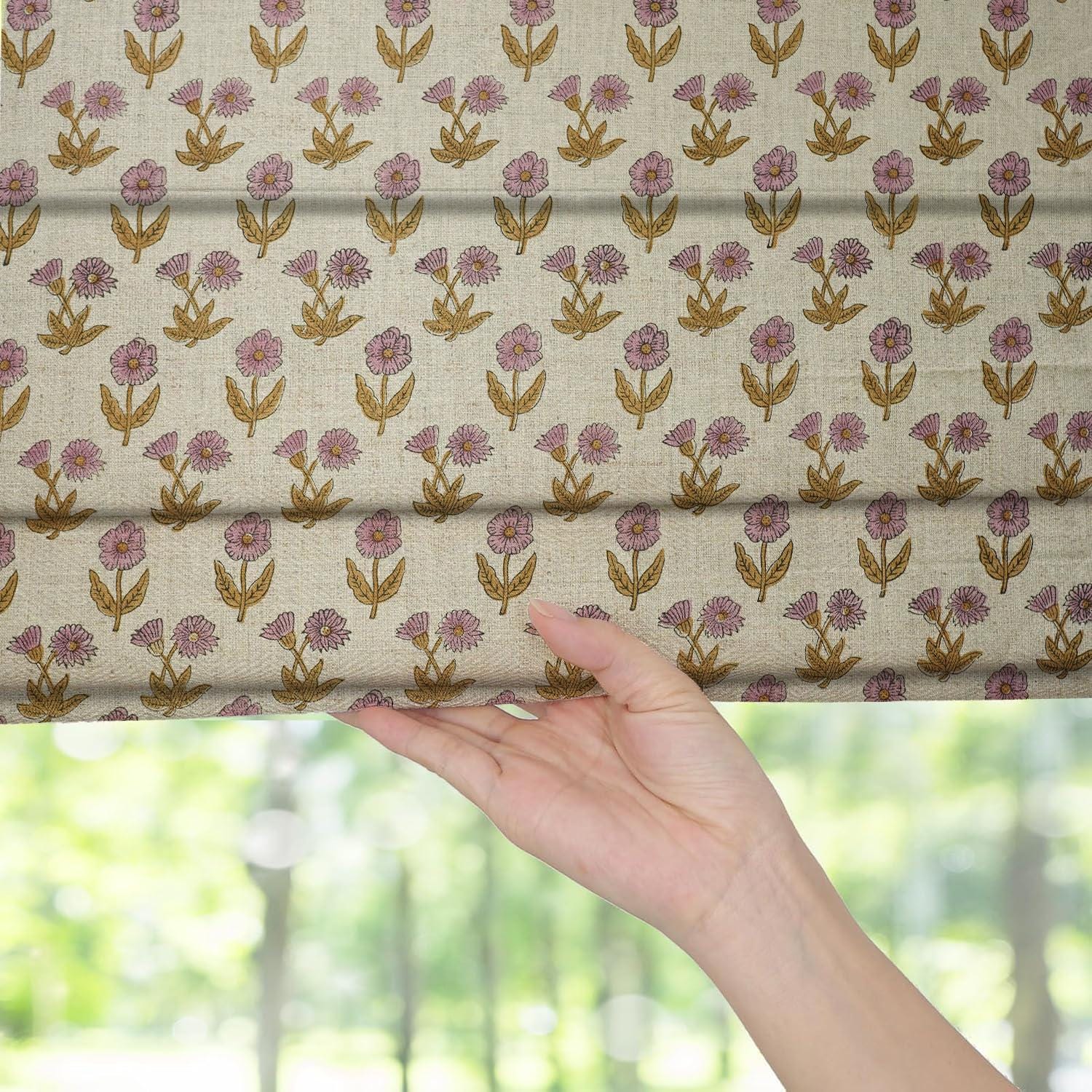 Hand Block Printed Roman Shade in Floral Light Pink & Mustard on Thick Linen for Elegant Home Decor - Kriti
