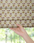 Hand Block Printed Roman Shade in Floral Light Pink & Mustard on Thick Linen for Elegant Home Decor - Kriti