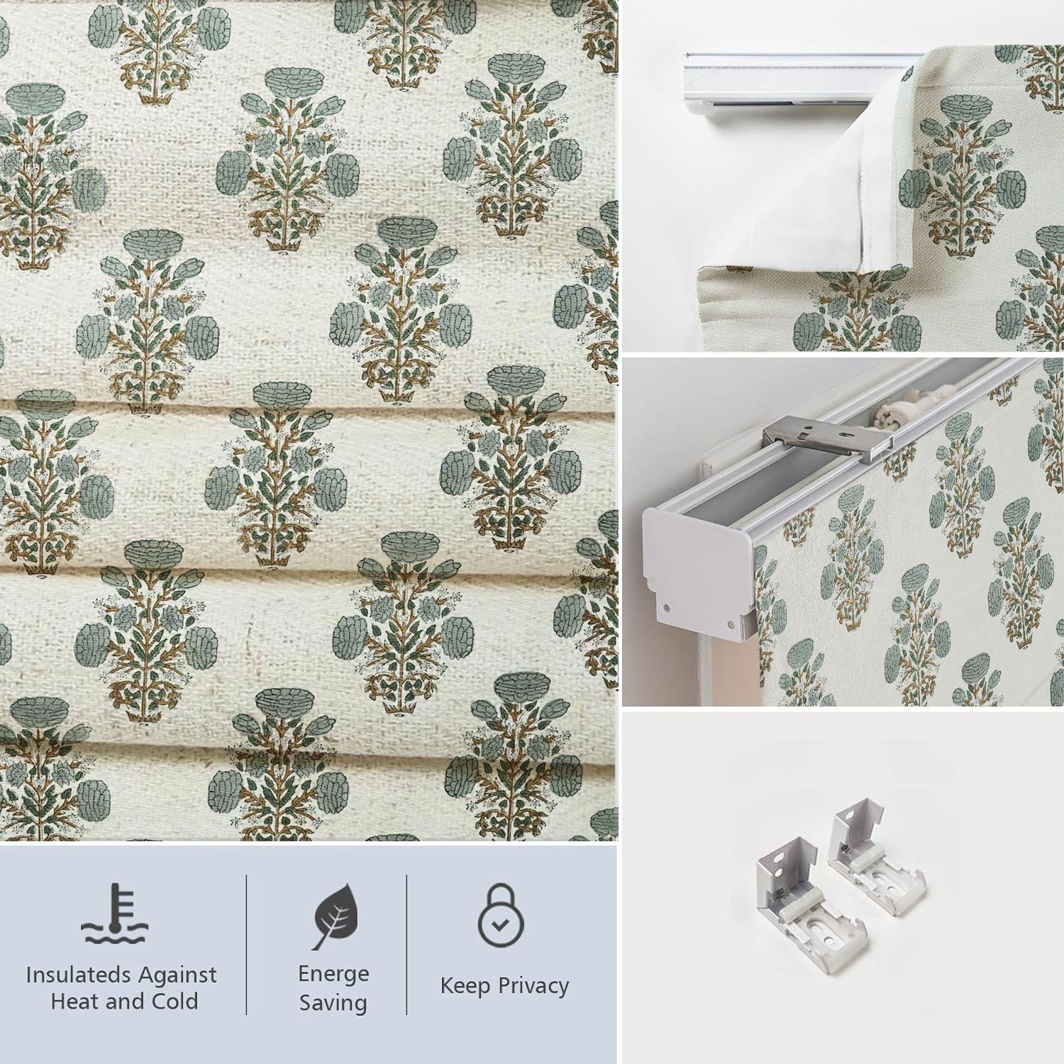 Pure Linen Gray Floral Hand Block Printed Roman Shade Custom Blackout Window - Swadesh