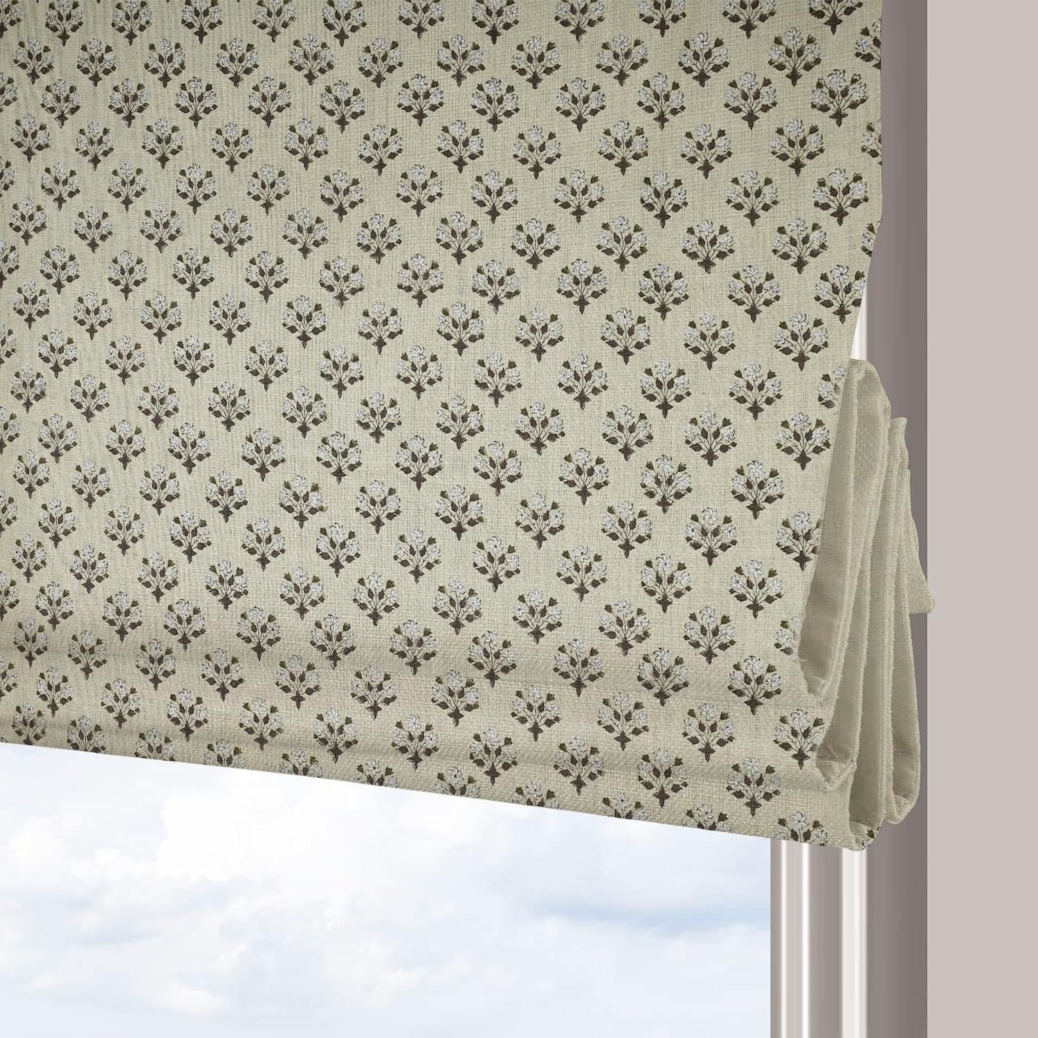 Indian Block Printed Boho Floral Roman Shade in Brown & Gray Pure Linen Window Covering - Diwali Flower