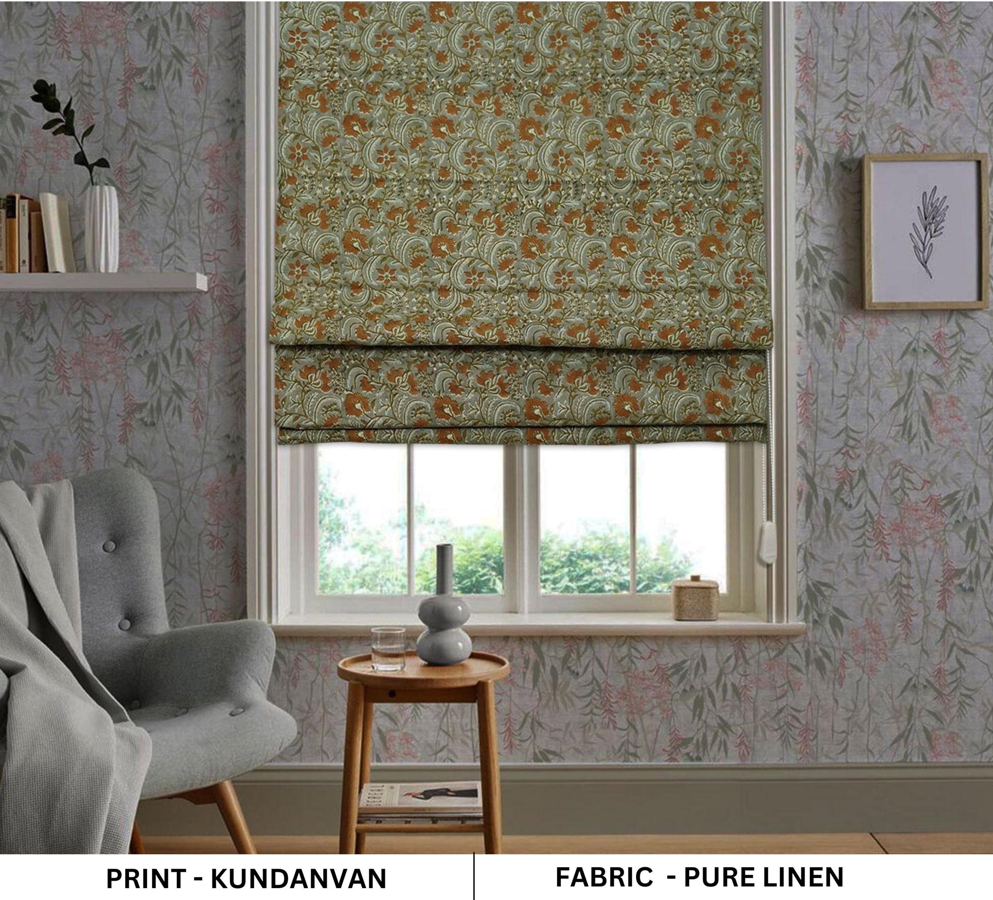 Handblock Printed Floral Roman Shade in Brown & Green on Pure Linen For Kitchen – KUNDANVAN
