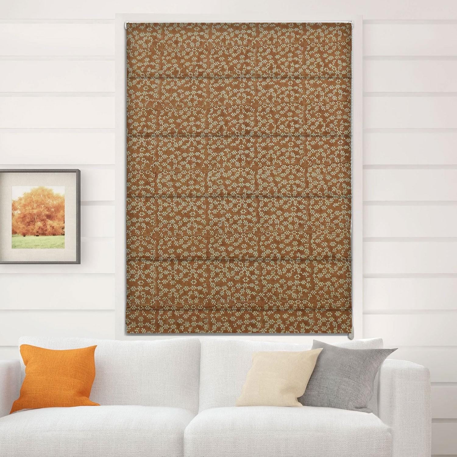 Indian Block Printed Roman Shade Brown Floral in Thick Linen For Farmhouse - OLA VRISHTI