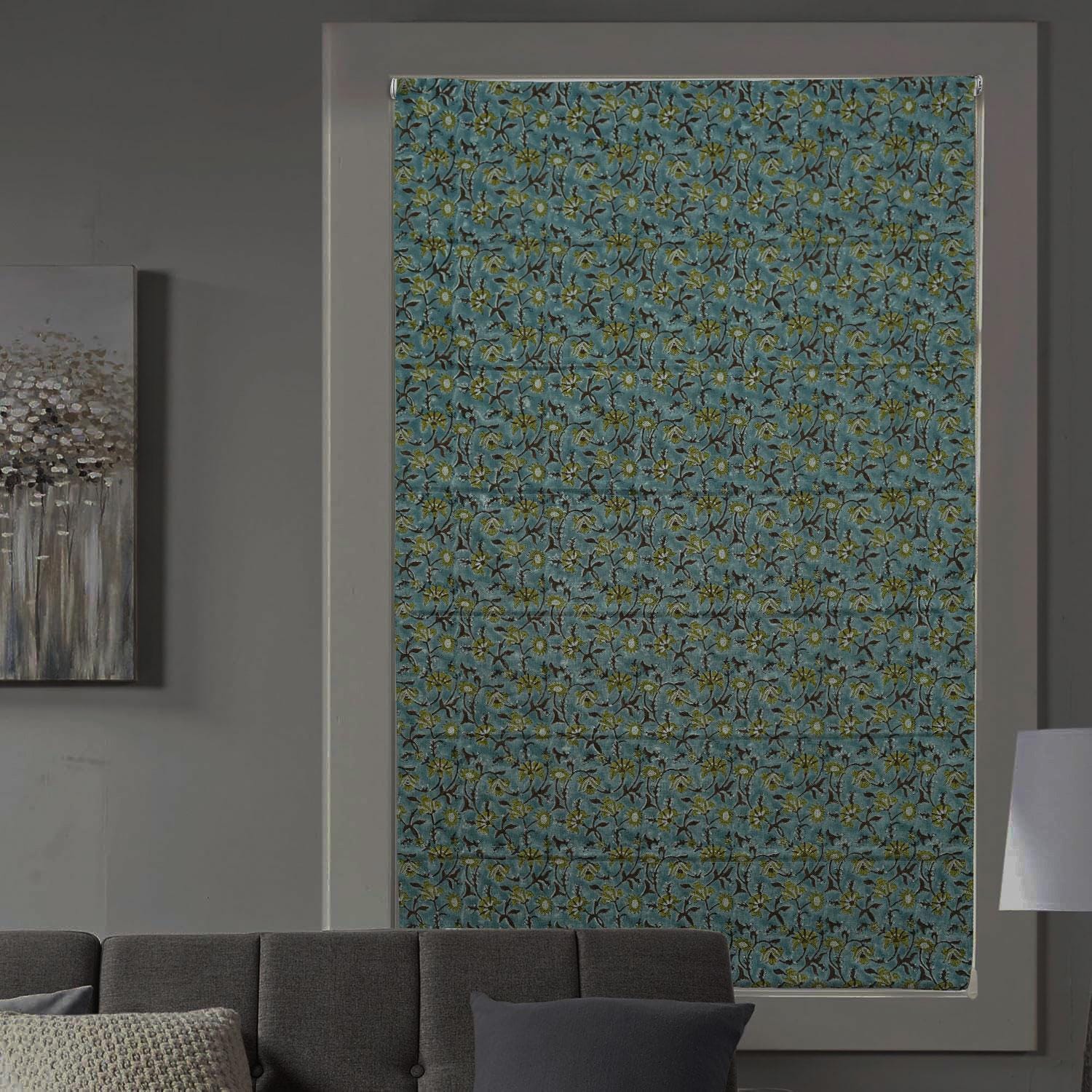 Handmade Block Printed Boho Roman Shade in Gray & Brown Viscose Linen Window Covering - Nayab