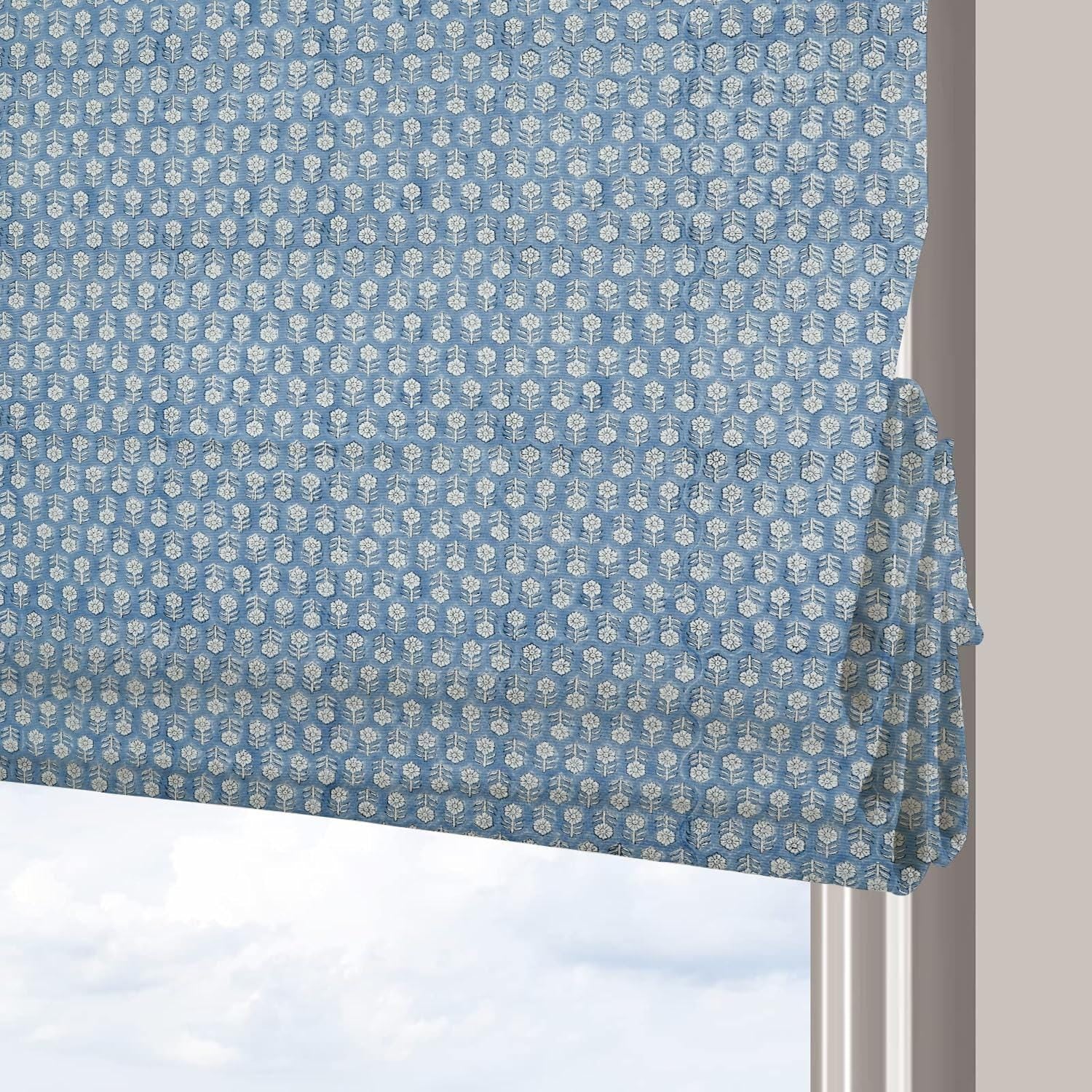 Handmade Gray Floral Block Printed Roman Shade in Thick Linen Blackout Window - Tulsi Buti