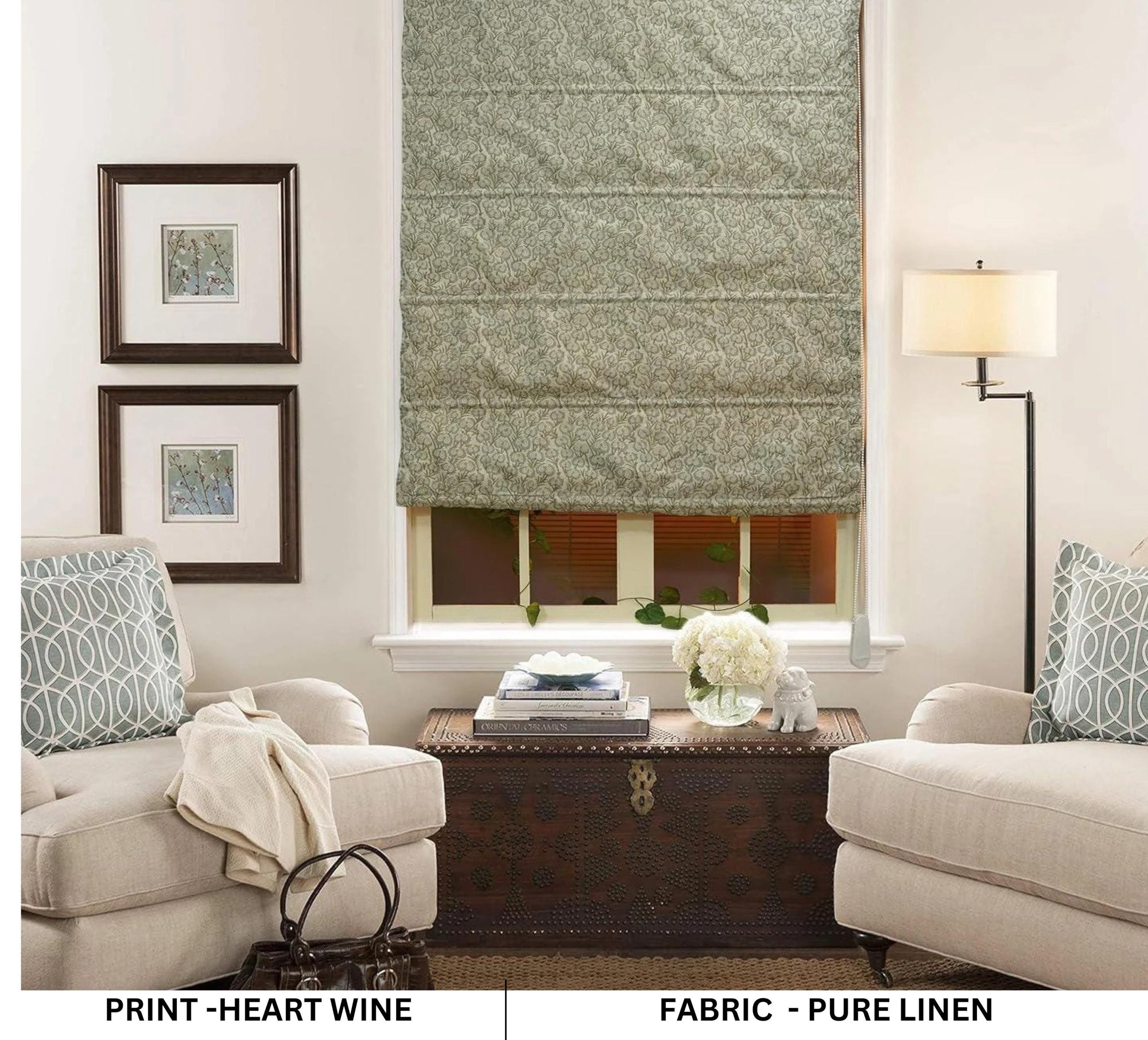 Gray Floral Block Printed Roman Shades in Pure Linen Custom Window Valance – HEART VINE