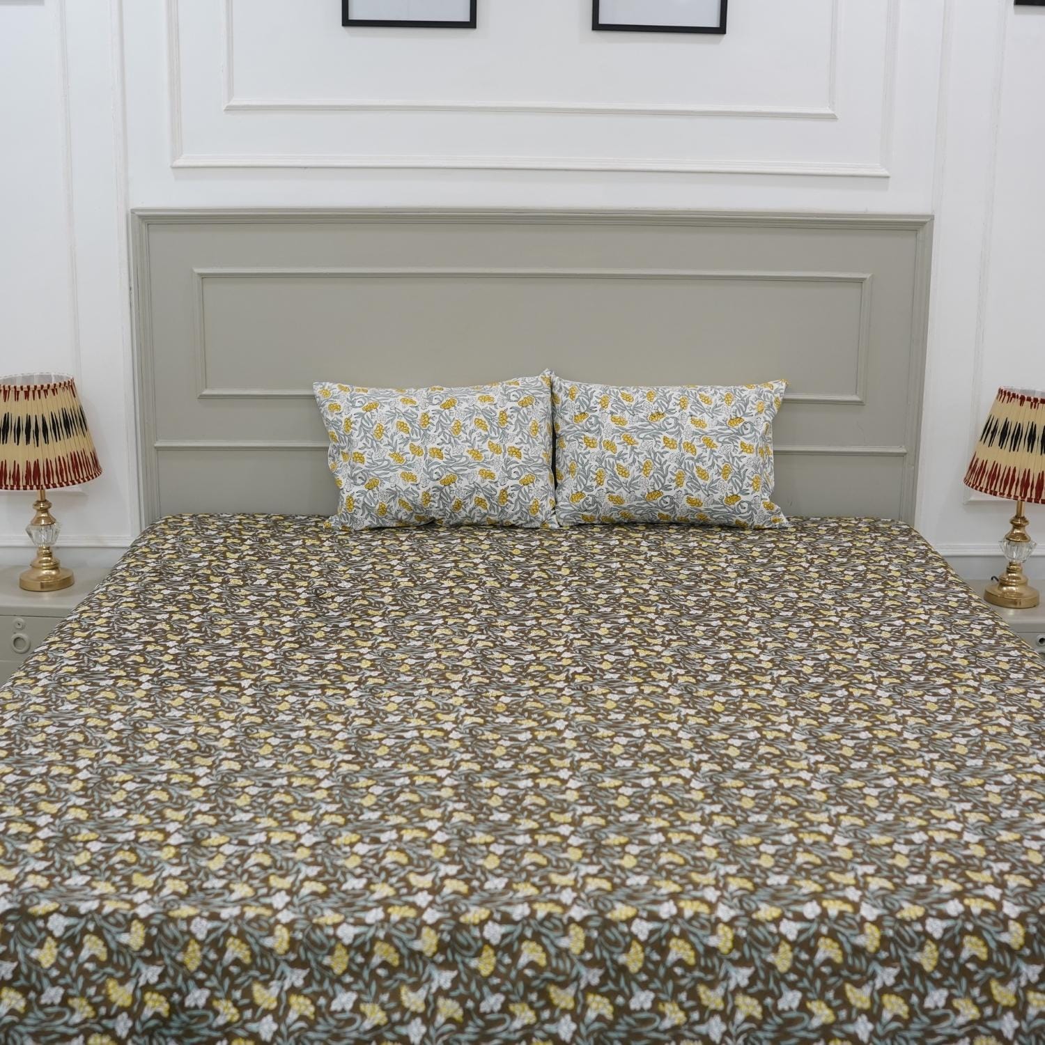 Brighten your space with this hand block printed floral cotton bedsheet and pillow set. The natural texture and handmade details make it a perfect choice for farmhouse or bohemian bedrooms.