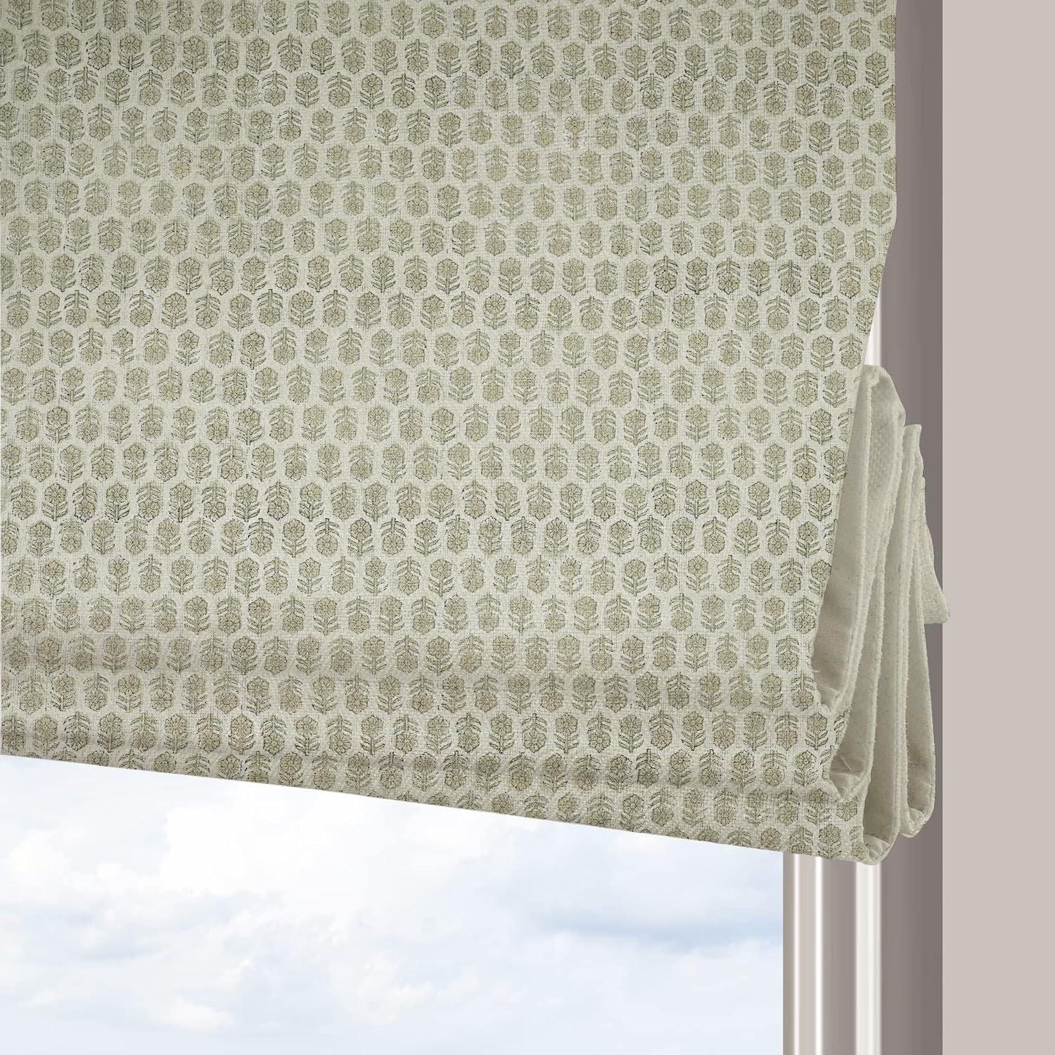 Hand Block Printed Blackout Thick Linen Floral Roman Shade for Farmhouse Window Decor - Tulsi Buti
