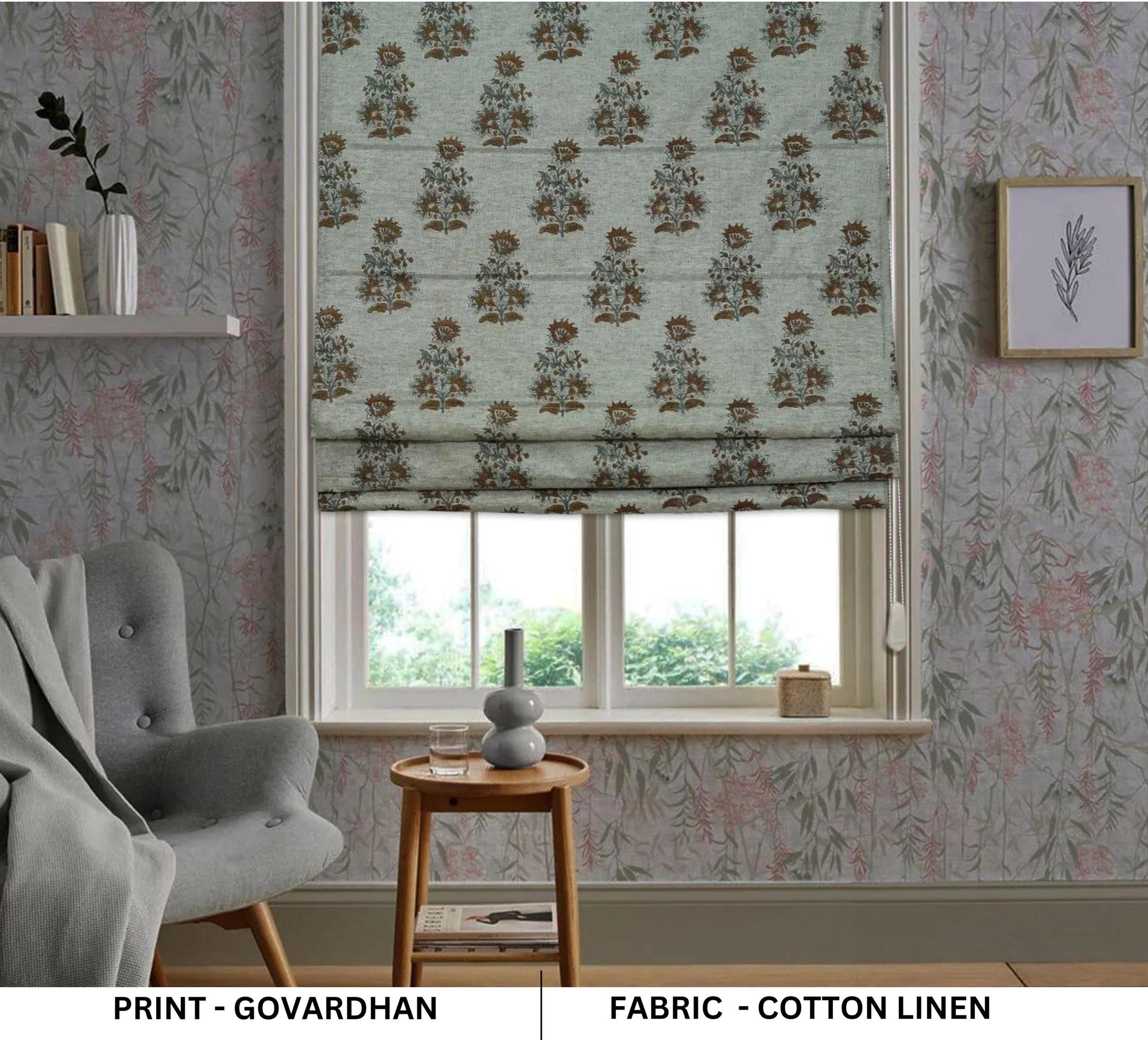 Block Printed Boho Roman Shade in Brown & Gray Floral on Cotton Linen Window Blind – GOVARDHAN
