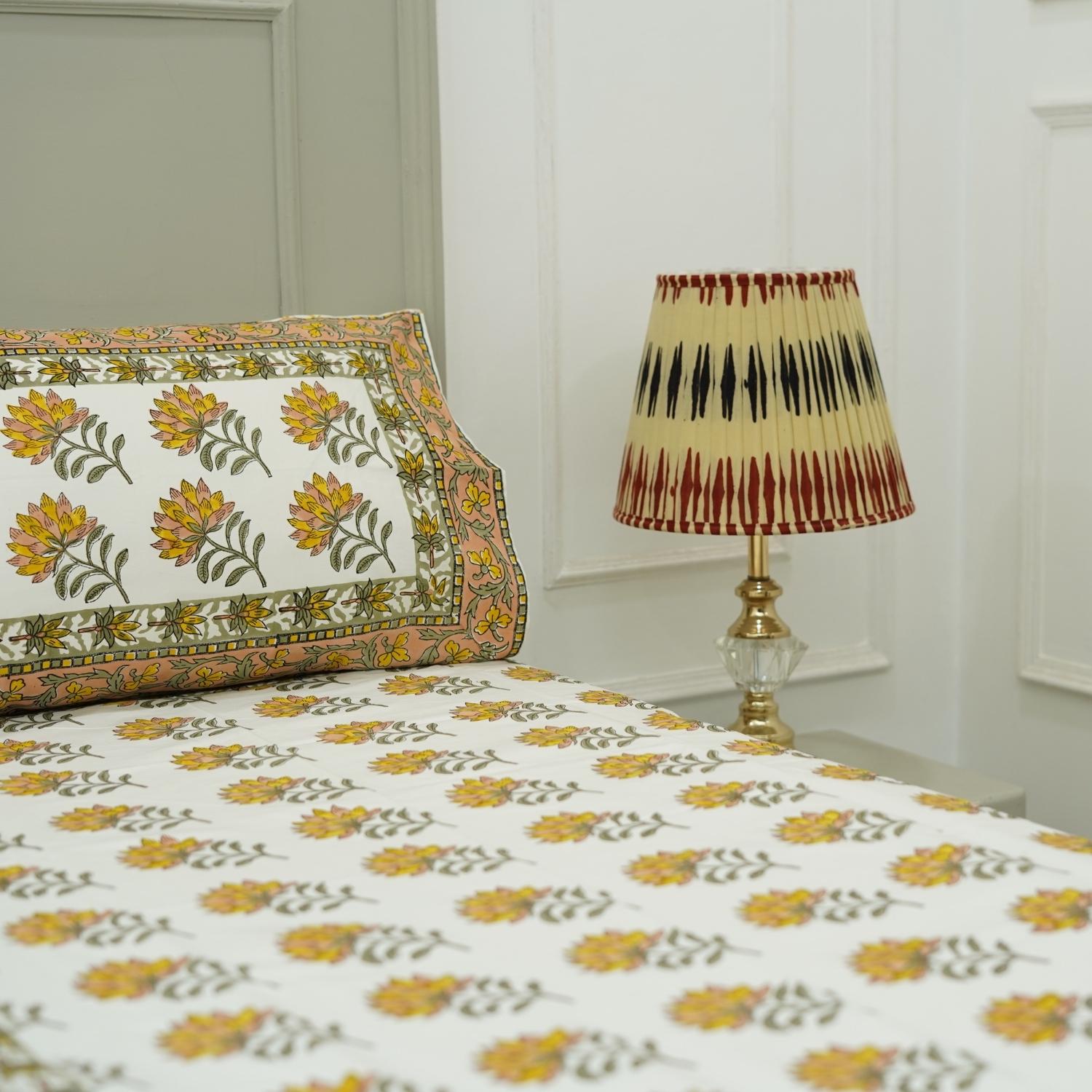 Floral yellow printed cotton bedsheet, king size decorative bedcover, natural pure cotton fabric bedsheet, handmade art, soft flat bedsheet, queen and twin size bedsheet, colorful printed bedsheet.