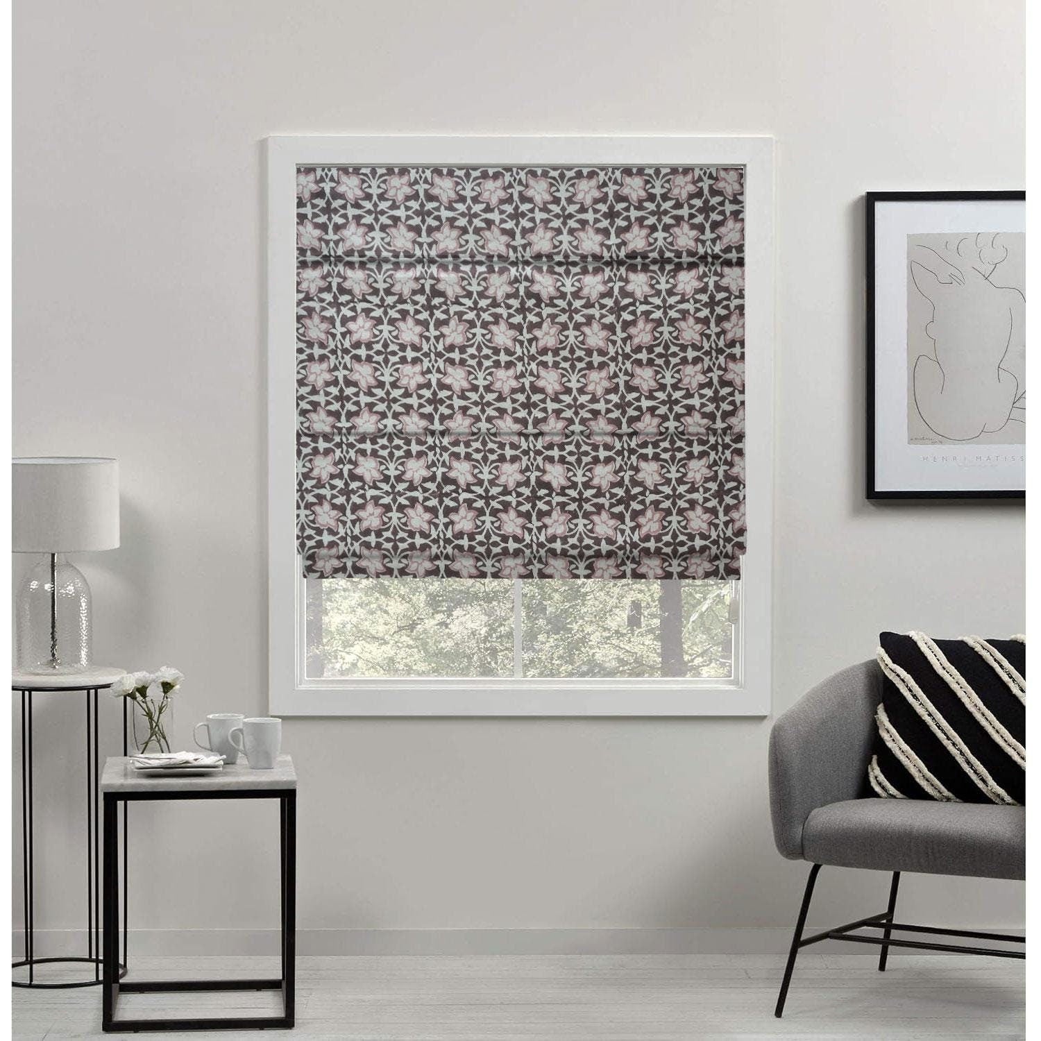 Hand Block Printed Roman Blinds in Pure Linen Brown & Light Pink Floral Throw Shade - Chudamani
