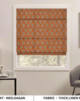 Block Printed Orange Floral Thick Linen Roman Shade Blackout Window Curtain Treatment - Neel Gagan