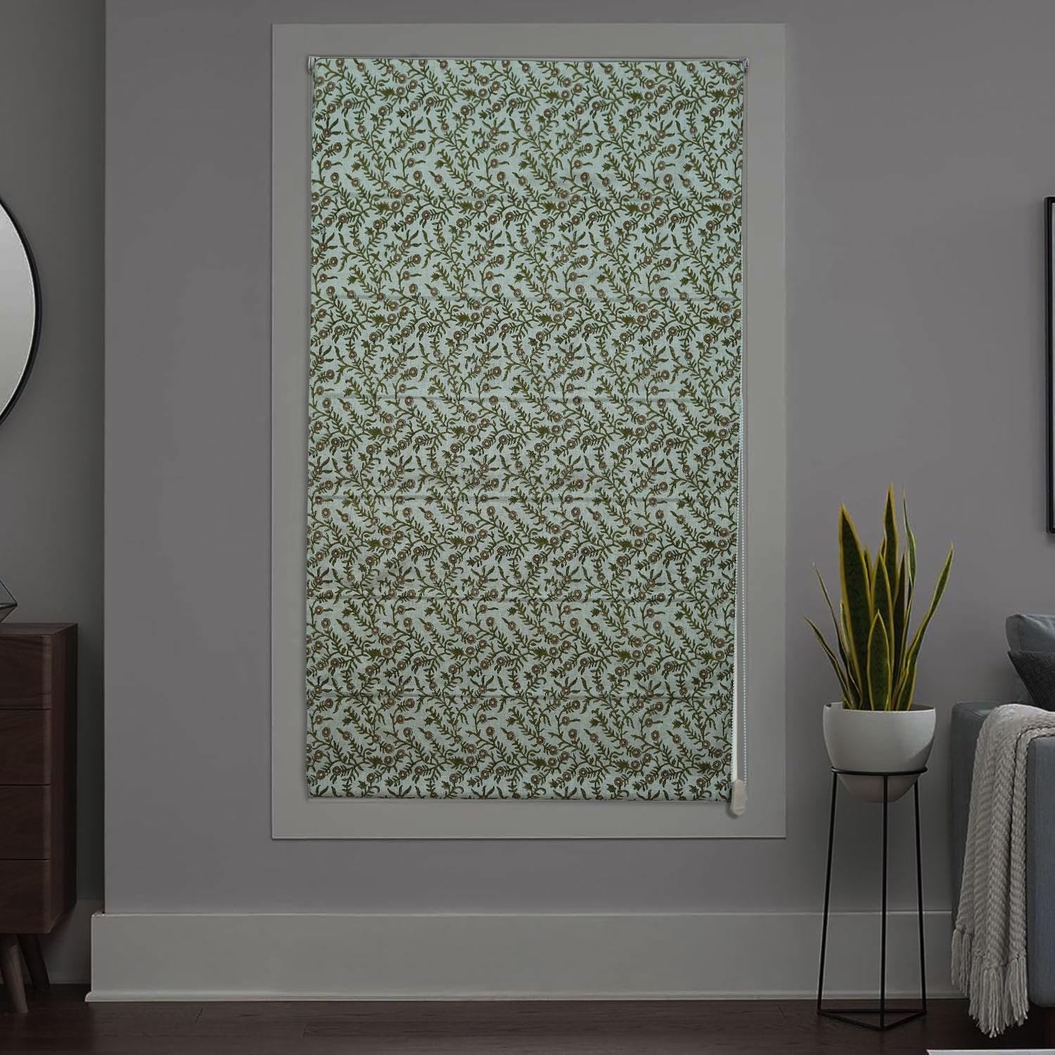 Handblock Printed Boho Gray Floral Roman Shade in Viscose Linen for Living Room – Sehjan Design
