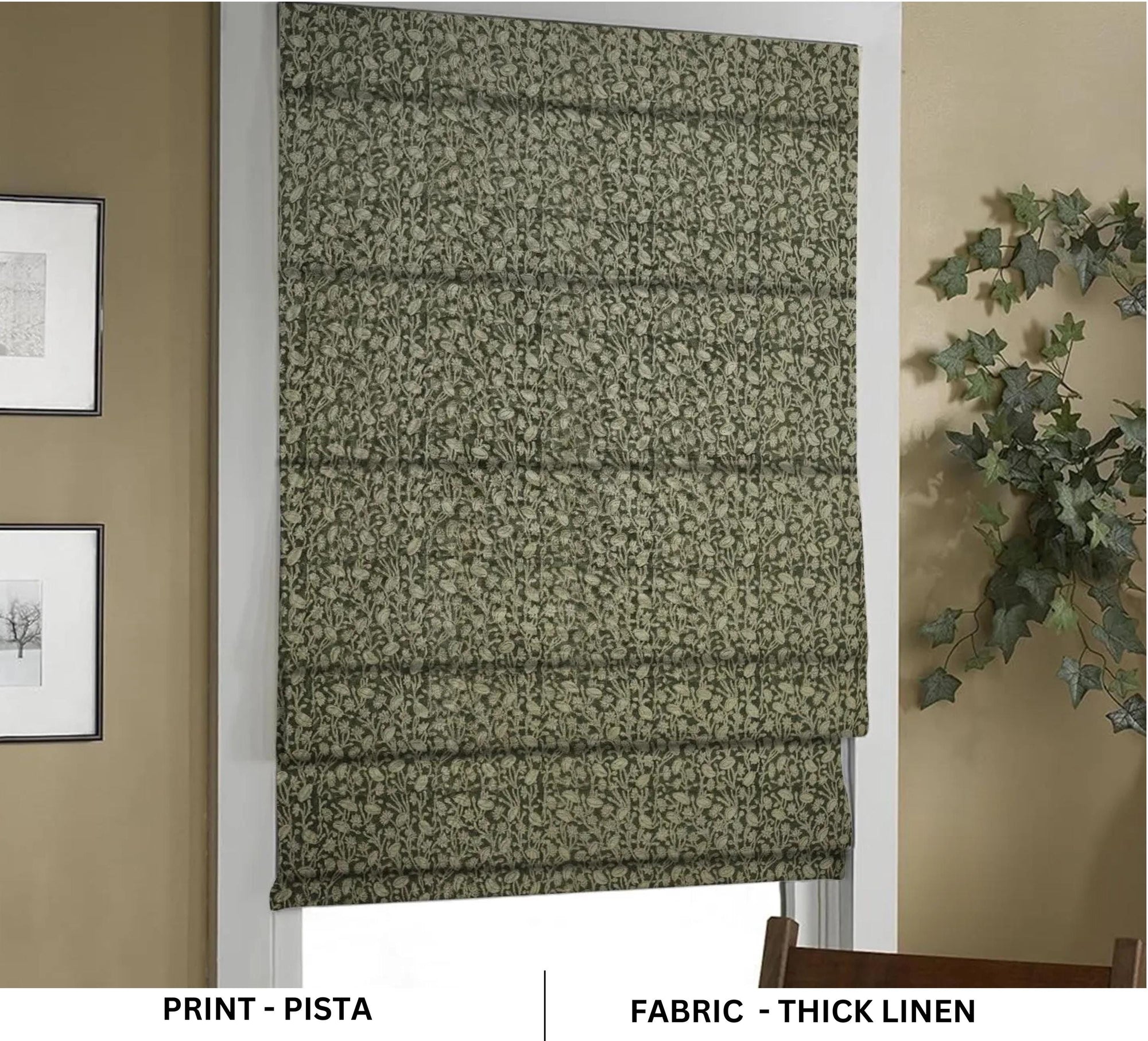 Hand Stamped Green Floral Roman Shade Thick Linen Boho Window Decor - Pista
