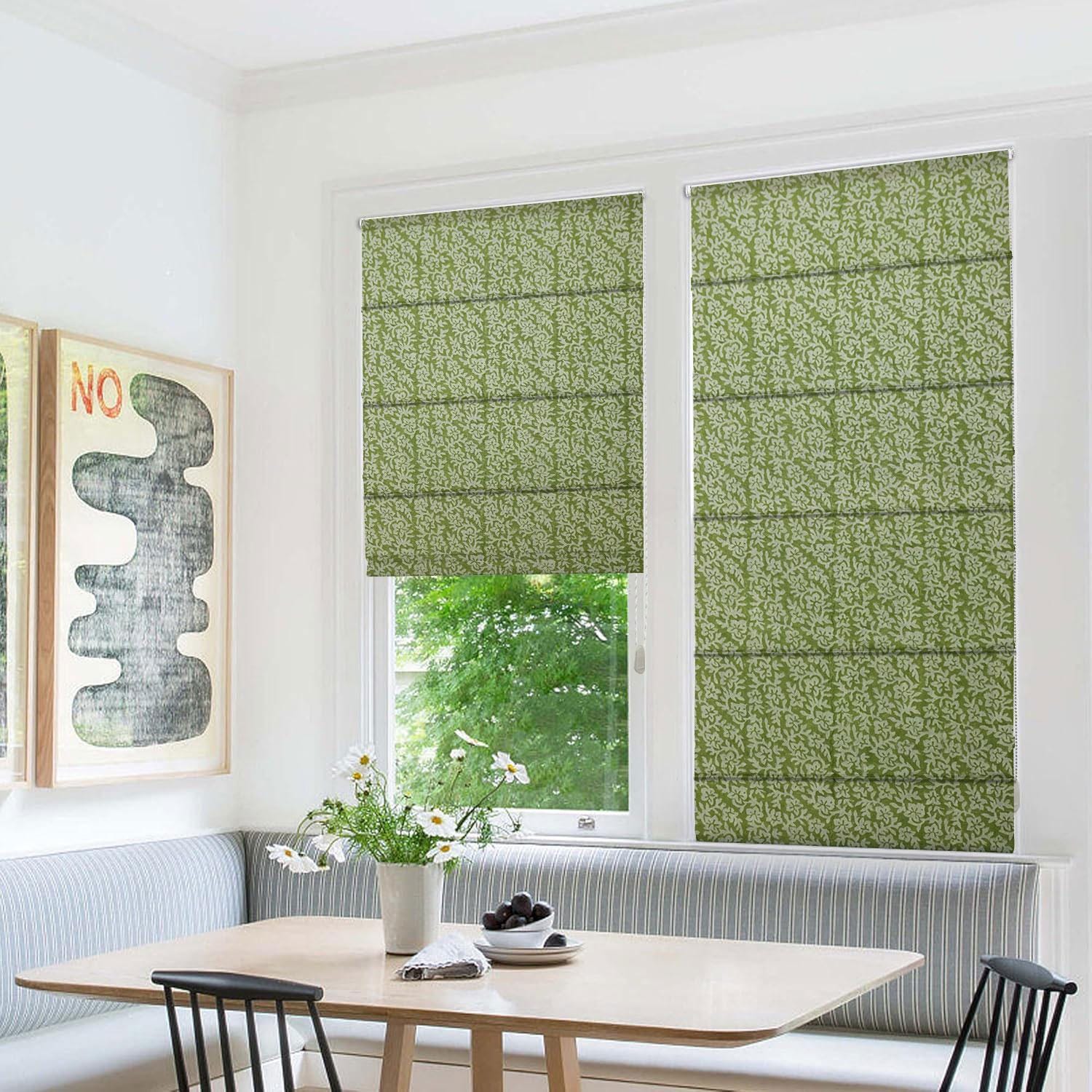 Block Printed Green Floral Roman Shade Boho Window Blind in Thick Linen for Cozy Natural Home Decor - Nidhivan