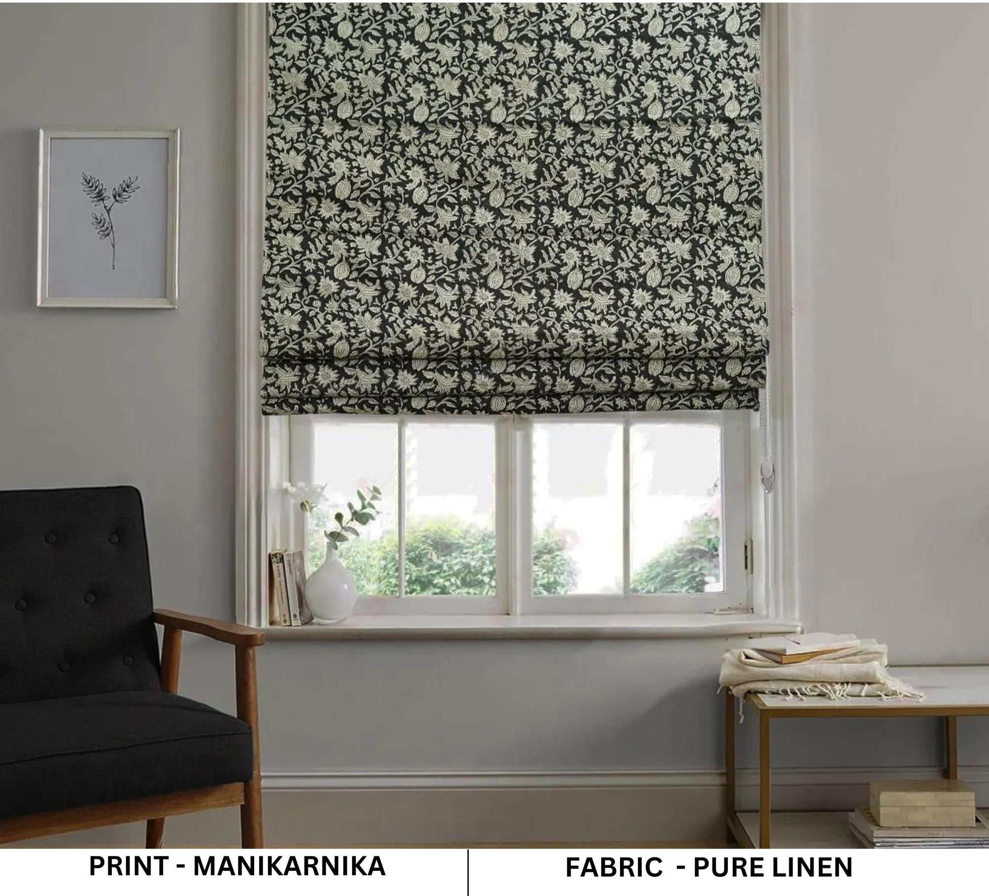 Farmhouse Blackout Roman Shade Linen Block Printed Window Blind - MANIKARNIKA