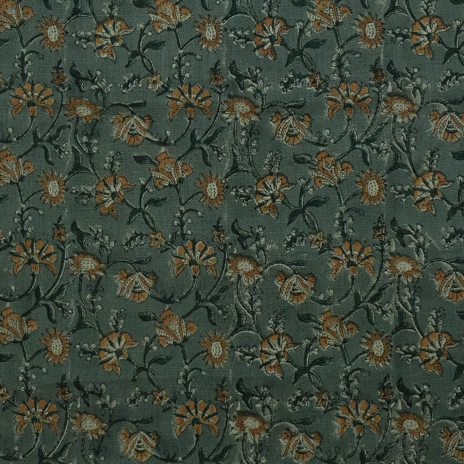 Handmade Thick Linen Block Printed Gray and Brown Floral Custom Window Shades - Naayab