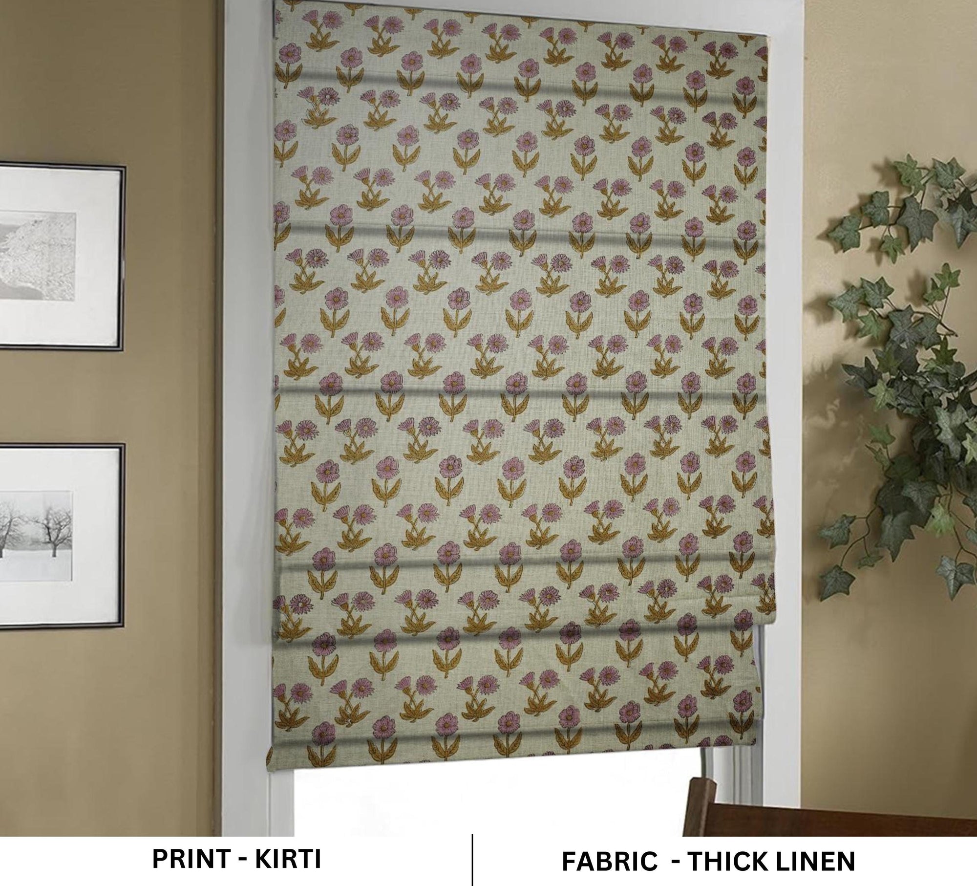Hand Block Printed Roman Shade in Floral Light Pink & Mustard on Thick Linen for Elegant Home Decor - Kriti