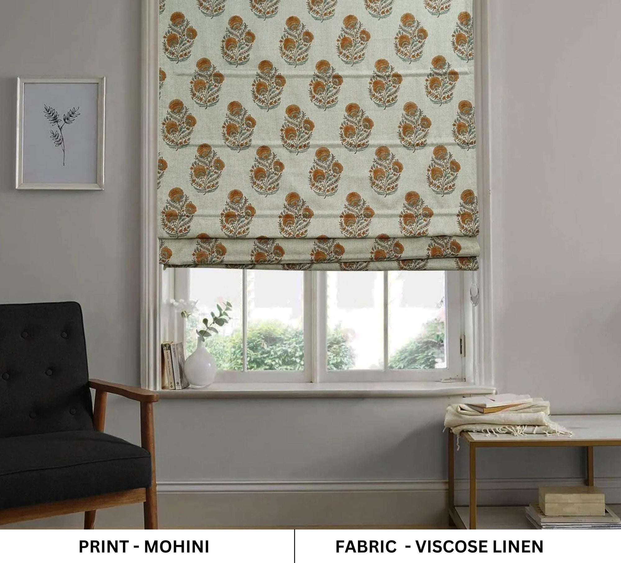 Handblock Printed Boho Brown Floral Roman Shade in Viscose Linen Window Covering for Living Room Decor – MOHINI