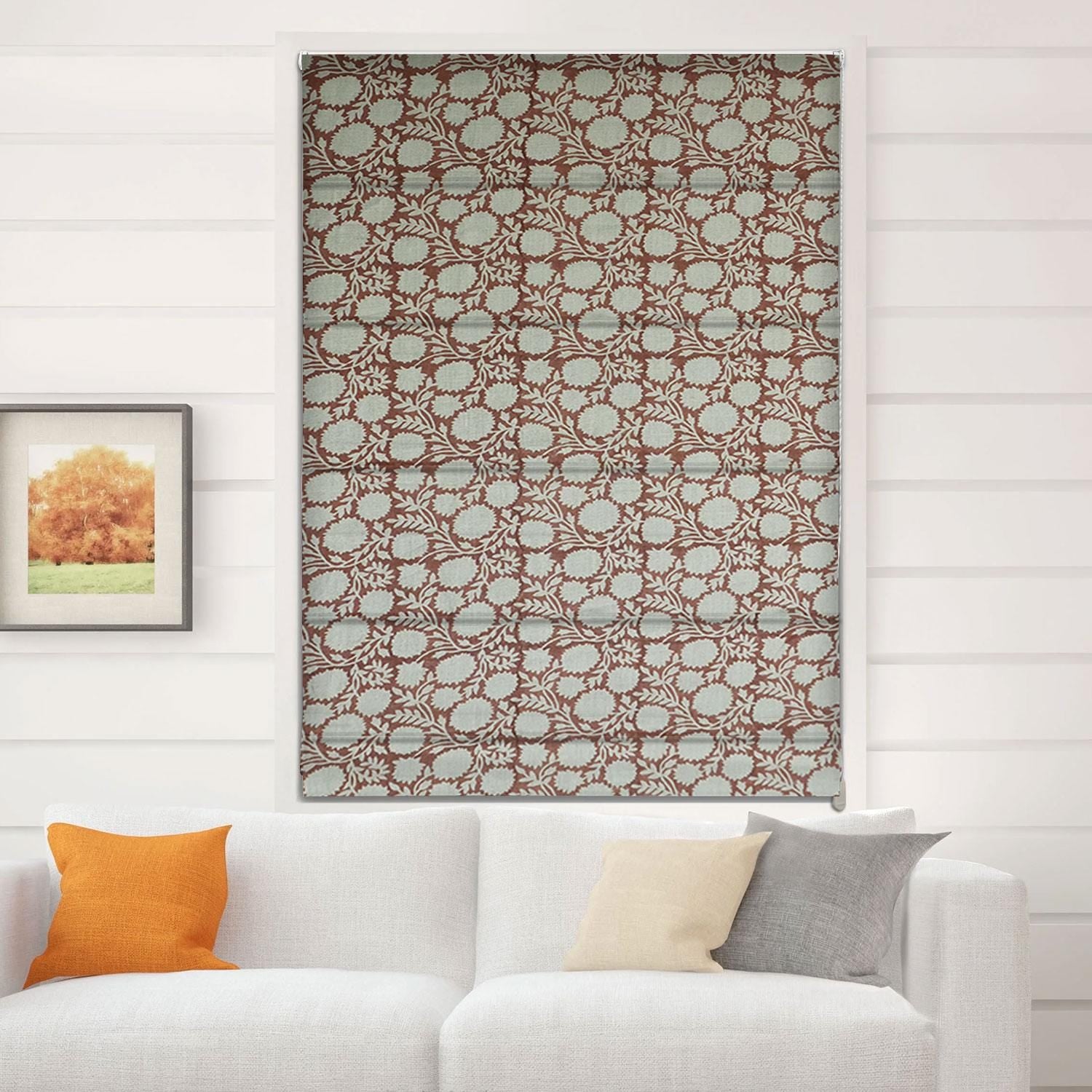 Block Printed Boho Roman Shade in Thick Linen Brown & Gray Floral Bedroom Curtain - Rajat