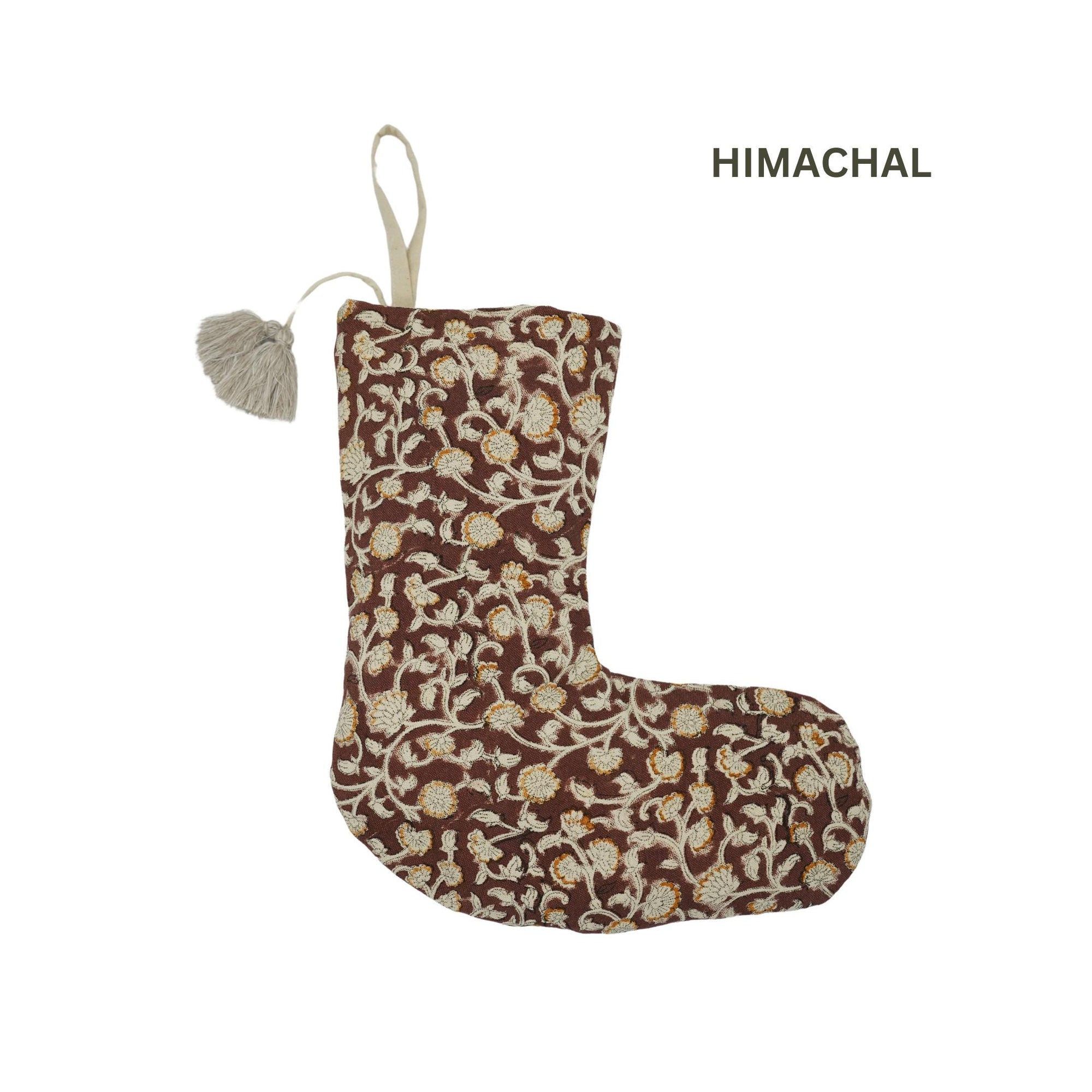 Handcrafted Block Printed Cotton Christmas Stocking in Brown Pom Pom Floral Farmhouse Holiday Decor – HIMACHAL