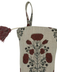 Hand Block Printed Linen Christmas Stocking in Red Wine Floral Design with Pom Pom For Modern Farmhouse Decor