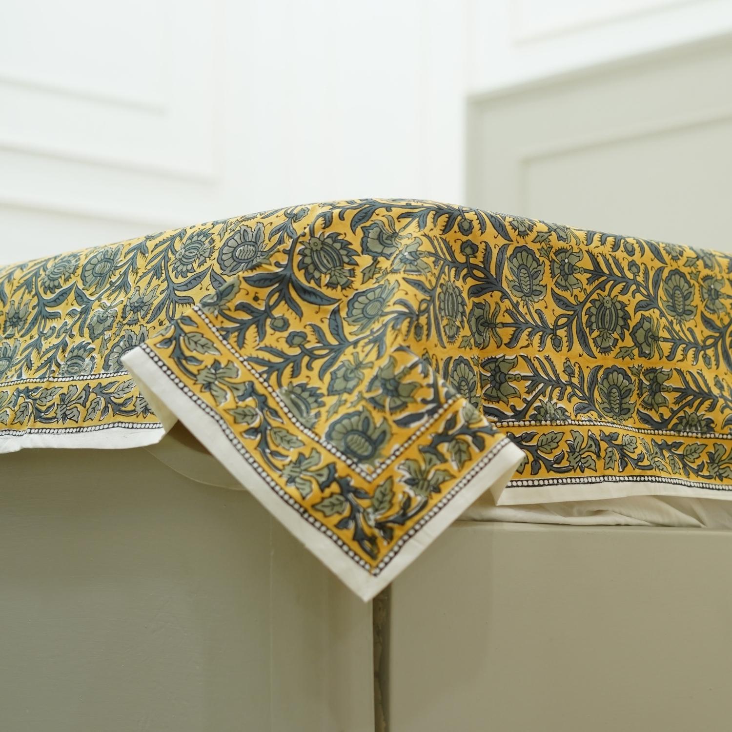 Handmade cotton bedsheet, block printed bed linen, floral handmade art, farmhouse decorative cotton bed cover and pillow cover, bohemian decor, unique floral art, wooden block print fabric.