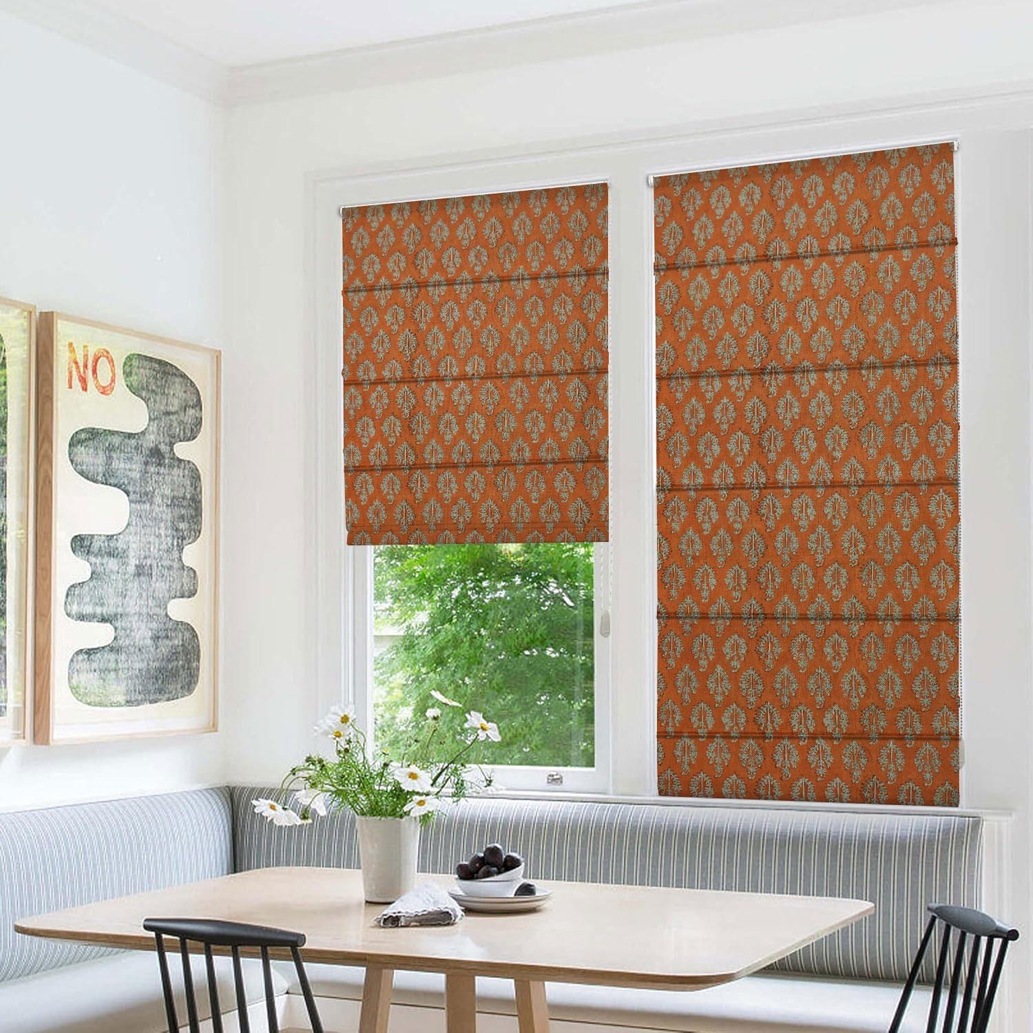 Block Printed Orange Floral Thick Linen Roman Shade Blackout Window Curtain Treatment - Neel Gagan