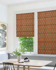 Block Printed Orange Floral Thick Linen Roman Shade Blackout Window Curtain Treatment - Neel Gagan
