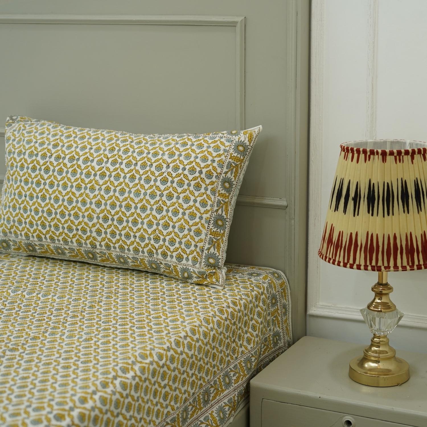 Hand block print cotton fabric, floral king size bedsheet, natural cotton fabric bedcover with pillow cover set, unique floral handmade art, custom bedcover sand pillow sizes, sustainable cotton bedcover.