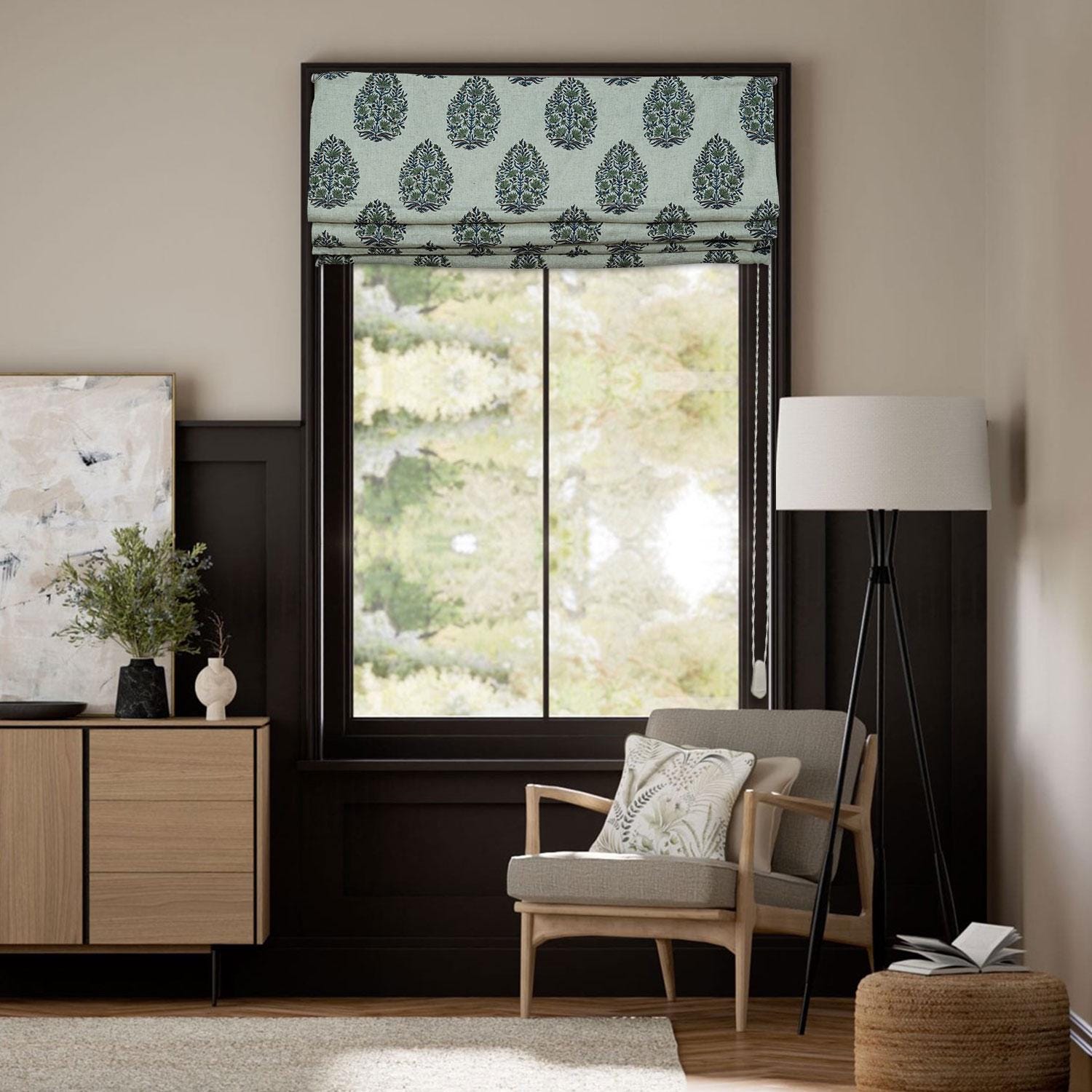 Handmade Boho Gray Floral Roman Shade in Viscose Linen Block Printed Farmhouse - Kumud
