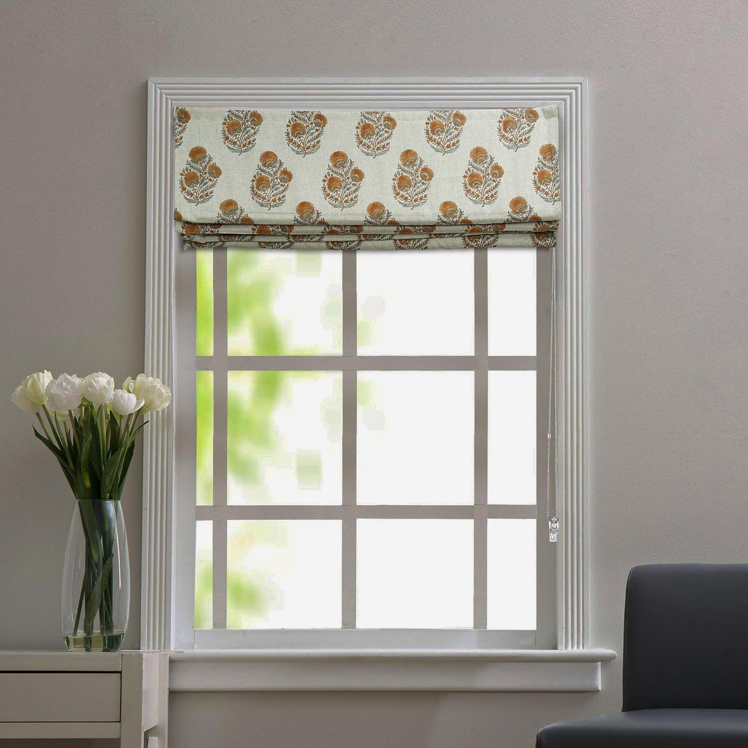 Handblock Printed Boho Brown Floral Roman Shade in Viscose Linen Window Covering for Living Room Decor – MOHINI