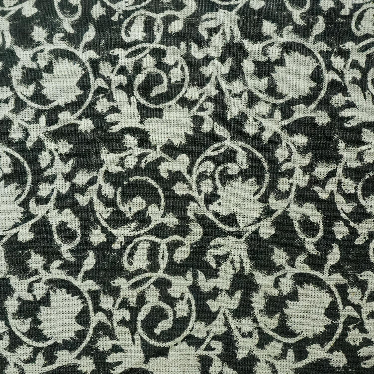 Handcrafted Black Floral Block Printed Roman Shade Heavy Linen Blackout Window Curtain - Devdas