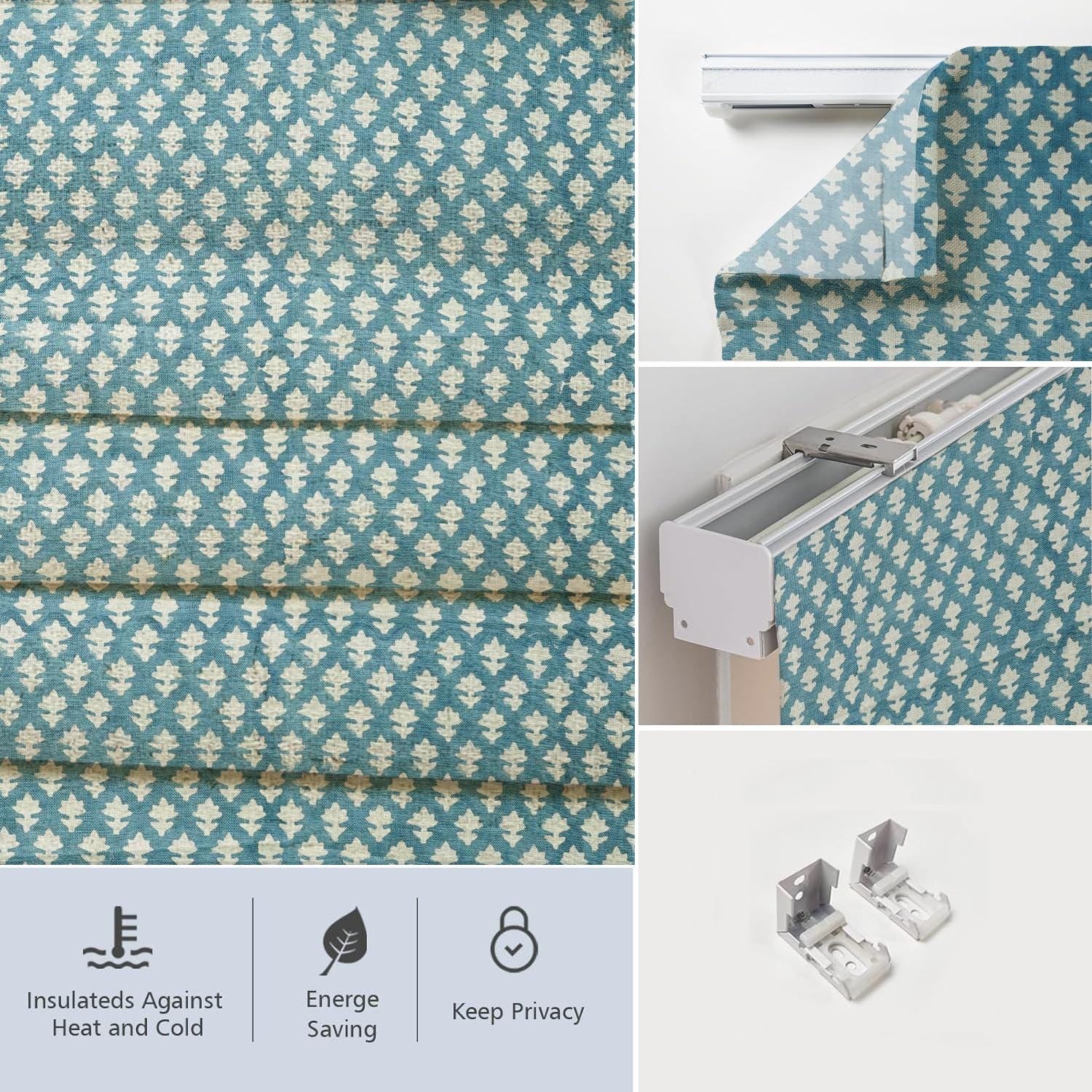 Handblock Printed Bluish Floral Pure Linen Window Covering Boho Bloom Roman Shade For Home Decor - PINKCITY