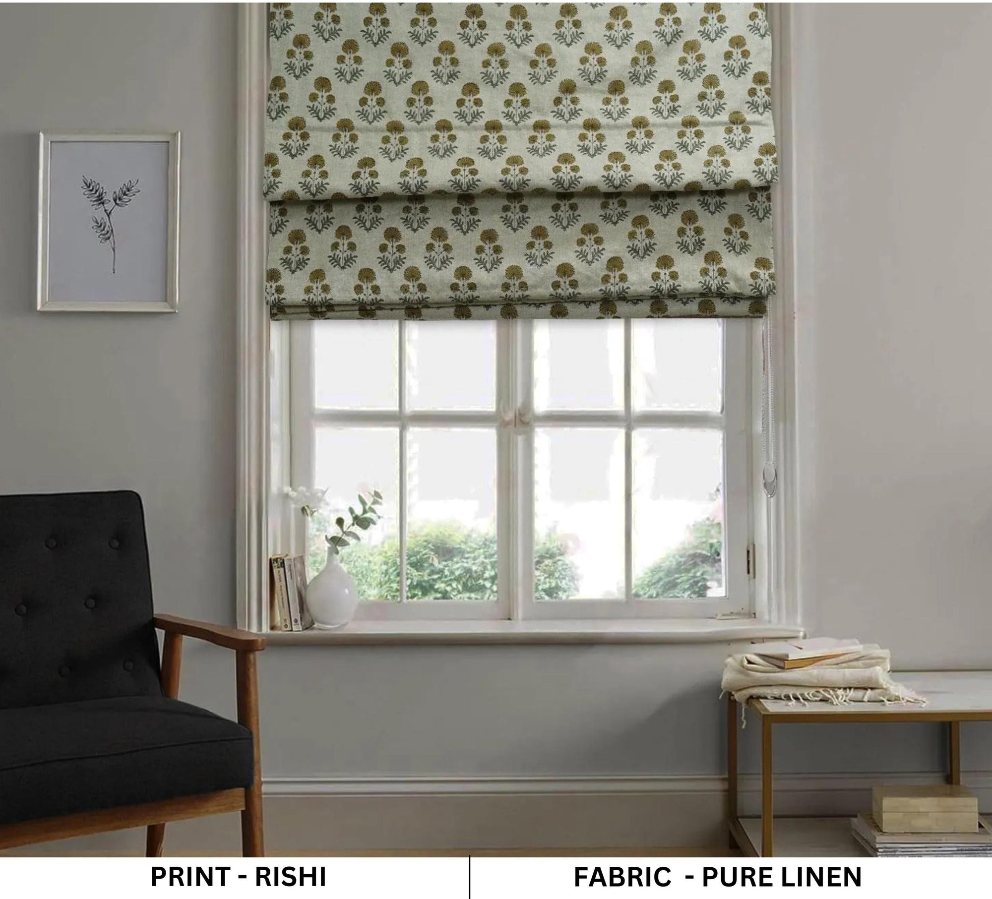 Handblock Printed Boho Gray and Brown Roman Shade on Pure Linen for Cafe or Living Room – RISHI