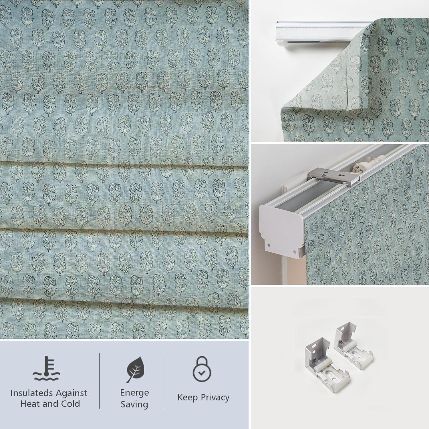 Block Printed Roman Shade Gray Floral Blackout Heavy Linen Curtain Drapery – SUPER STAR