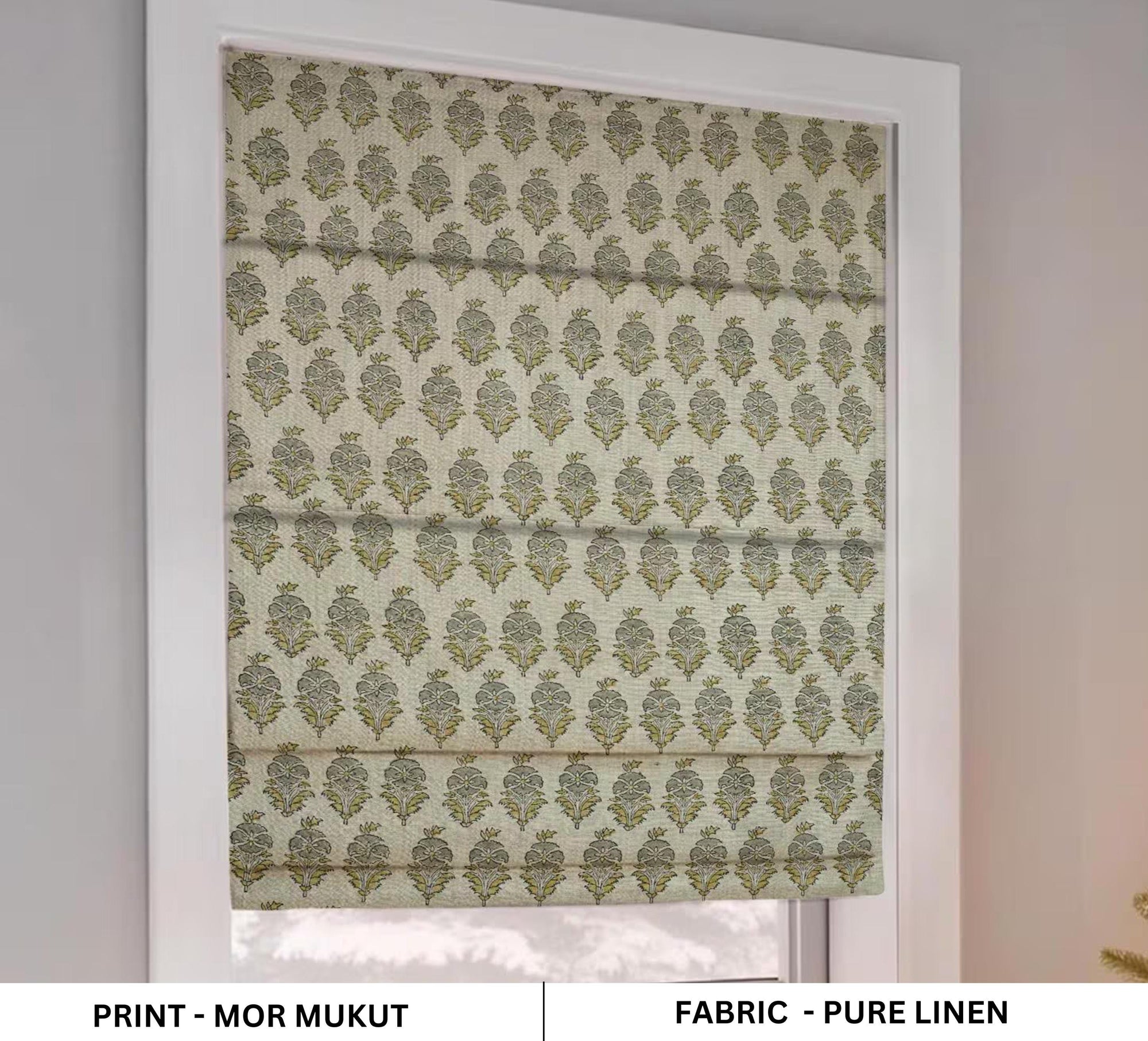Hand Block Roman Shade in Pure Linen Gray & Deep Green Botanical Window Elegance - Mormukut