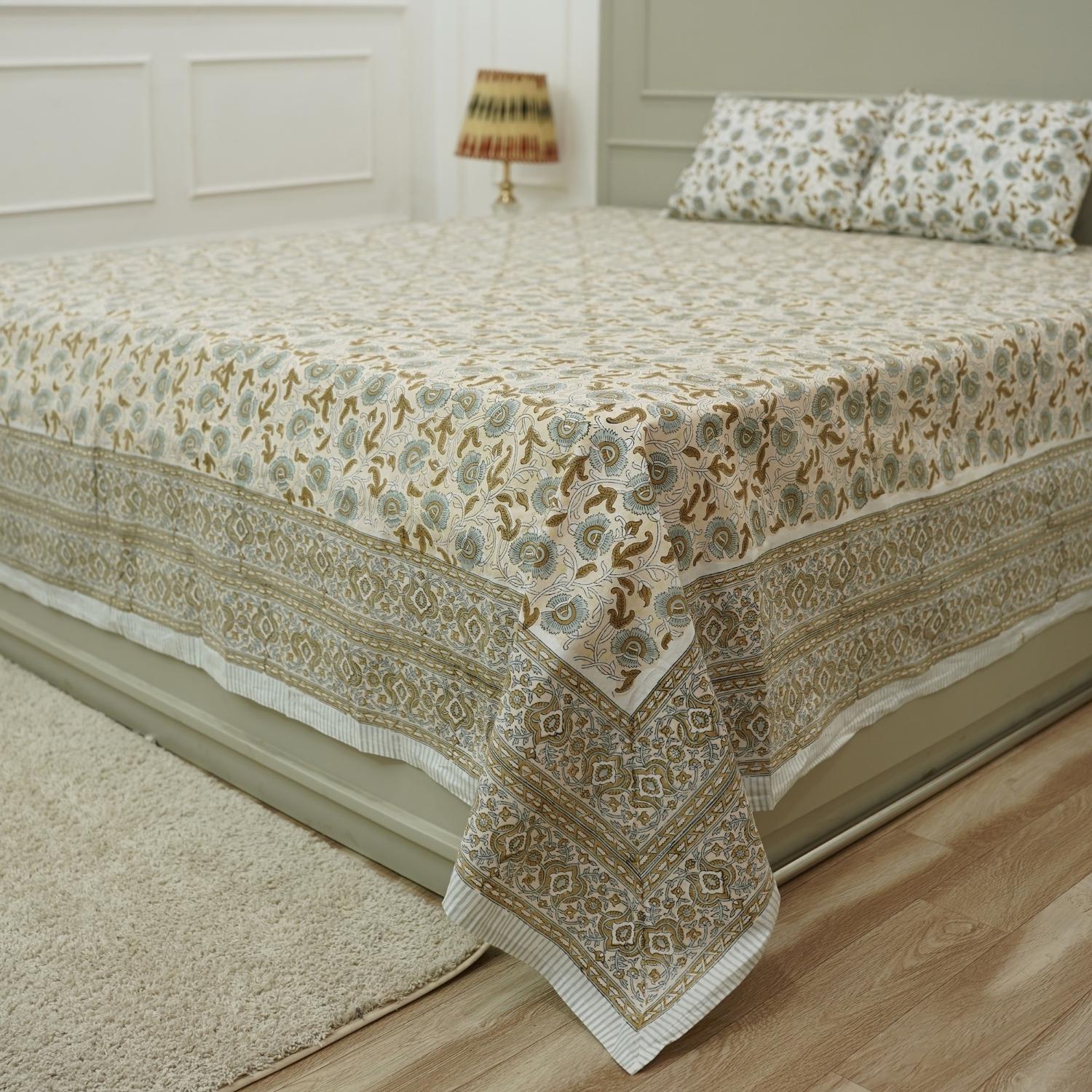 Our hand block printed cotton bed linen is perfect for those who love unique art. Featuring floral designs printed with wooden blocks, this breathable cotton bedsheet and pillow cover enhance both farmhouse charm and everyday comfort.