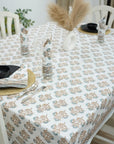 BROWN FLORAL HAND BLOCK PRINTED COTTON KITCHEN TABLE COVER AND NAPKINS SET - BEL PATRA