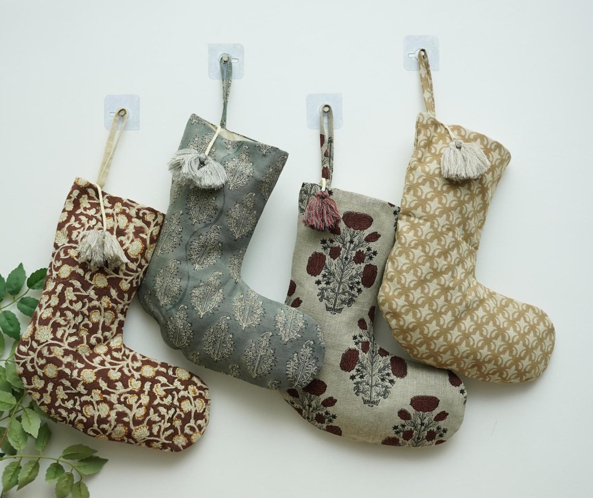 Handcrafted Block Printed Cotton Christmas Stocking in Brown Pom Pom Floral Farmhouse Holiday Decor – HIMACHAL