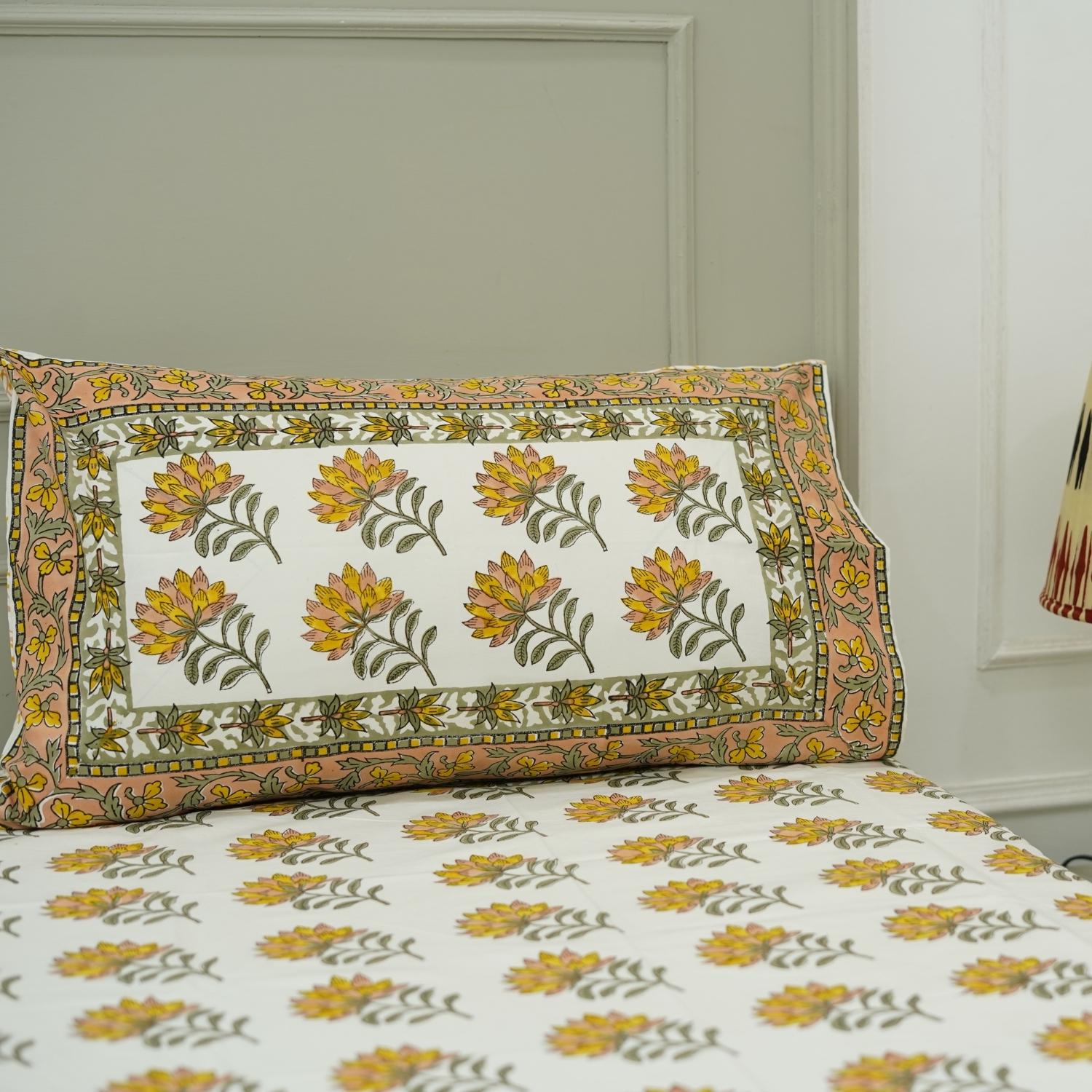 Hand block print cotton bedsheet, decorative cotton fabric bedcover, handmade art, nature printed bed linens, soft cotton shams, farmhouse floral bedding, cotton throw for bed.