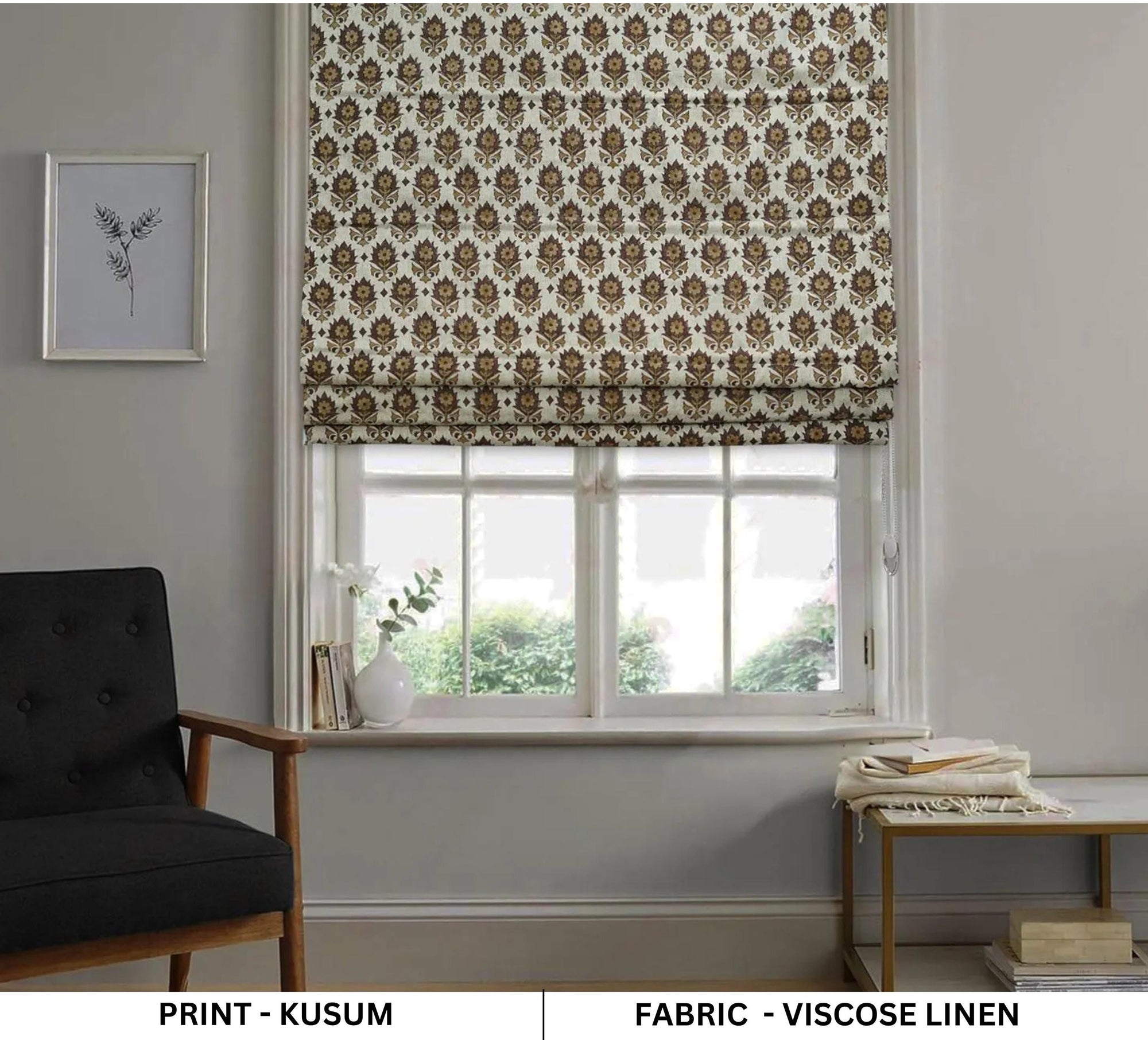 Handmade Brown Floral Custom Roman Shade in Viscose Linen For Farmhouse Window Treatment – Kusum