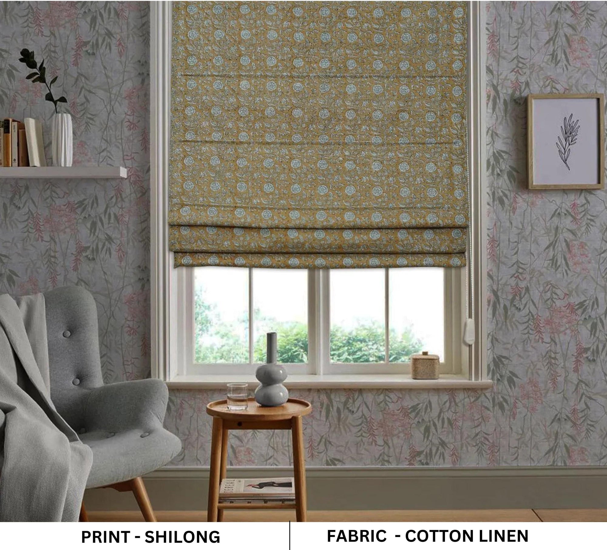 Hand Block Print Roman Shade in Mustard & Gray Floral on Cotton Linen For Home Decor – SHILONG