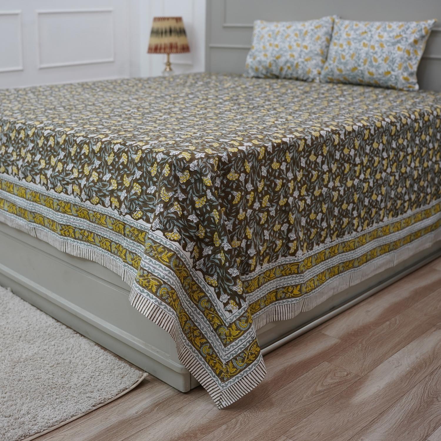 Our hand block printed cotton bedding set offers a unique floral design that celebrates heritage craftsmanship. Each detail is pressed by hand on soft cotton, creating a cozy, decorative accent for your bedroom.