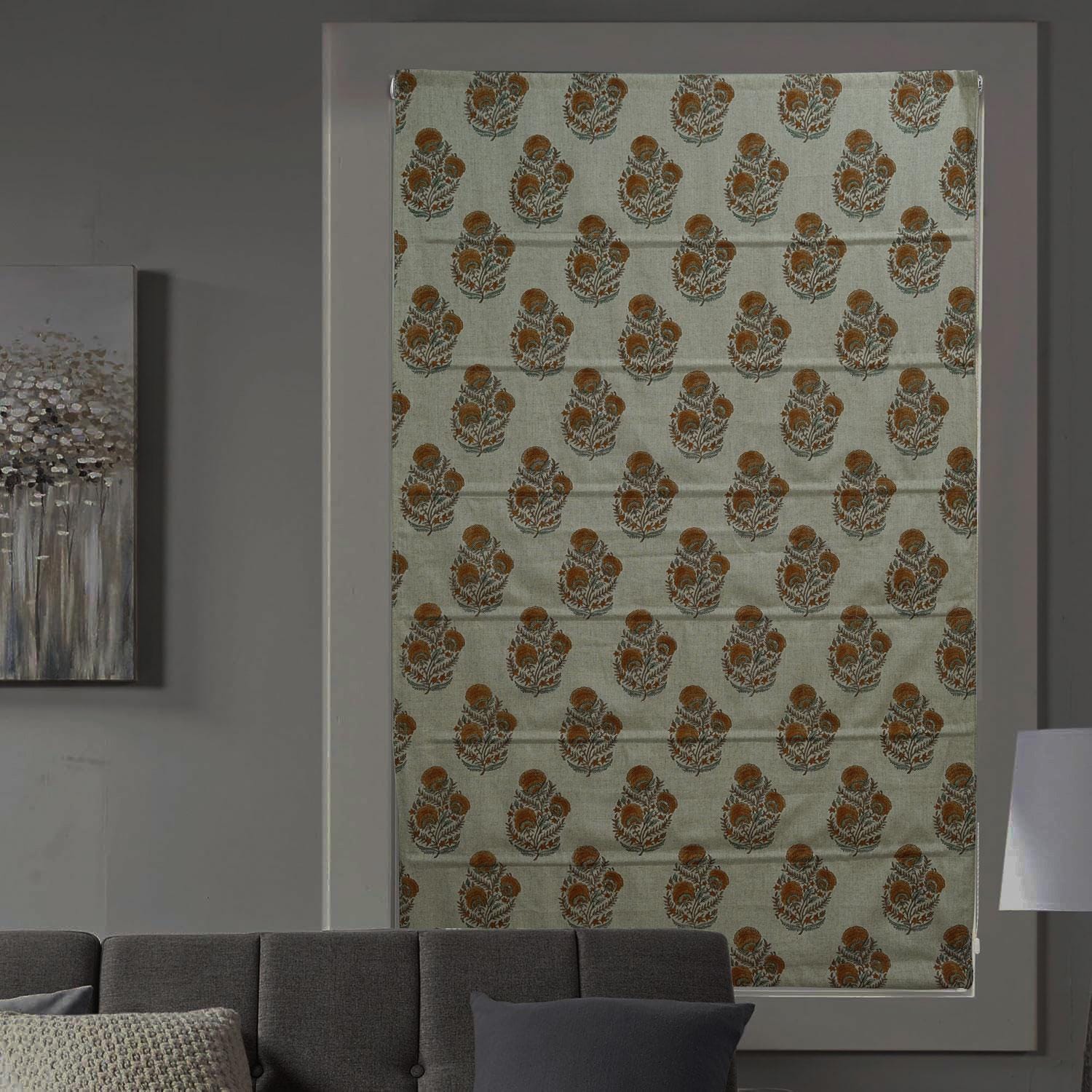 Handblock Printed Boho Brown Floral Roman Shade in Viscose Linen Window Covering for Living Room Decor – MOHINI
