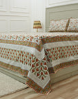 Infuse your bedroom with the delicate art of wooden block printing. This cotton bedsheet and pillow cover set showcases timeless floral patterns, hand-pressed to ensure authenticity and charm in every inch.