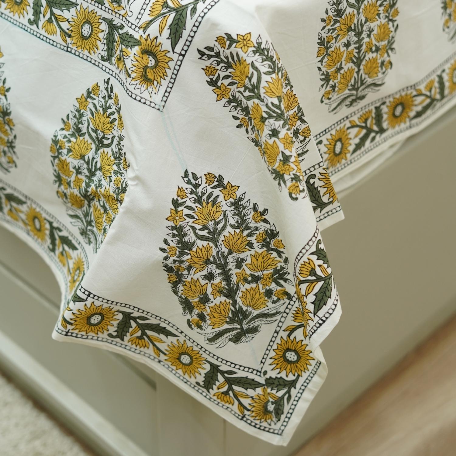 Gray and yellow hand printed cotton bedsheet, decorative farmhouse block print queen size bedcover and pillow cover, bohemian decorative bedsheet.